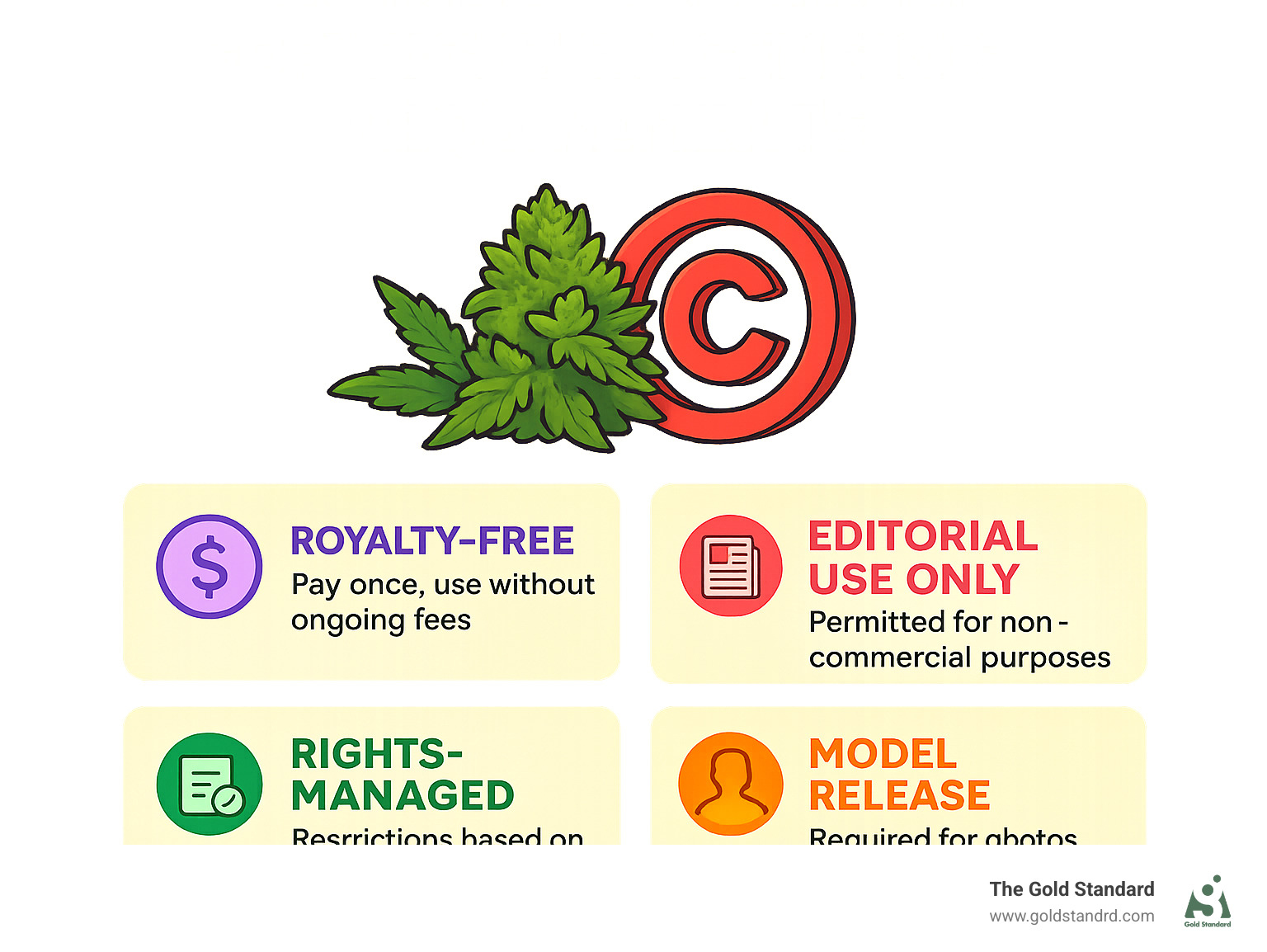 Understanding cannabis photography copyright and licensing requirements infographic showing different license types and usage rights - best weed photos infographic 