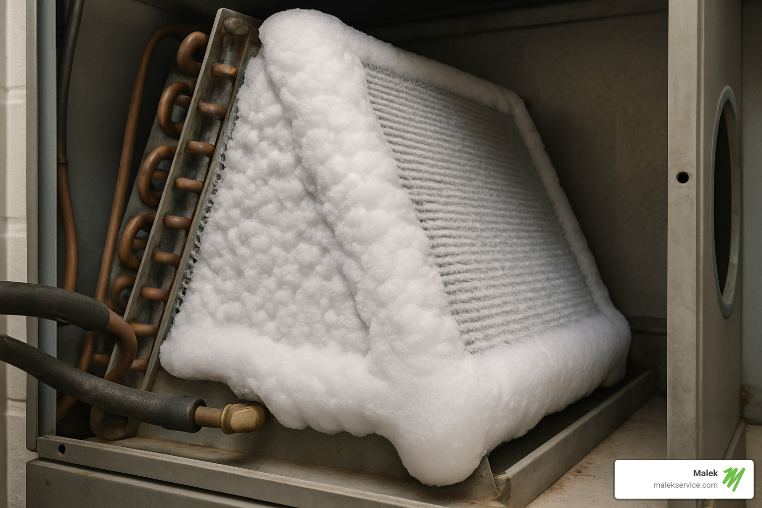 Frozen evaporator coil covered in ice blocking airflow in indoor air handler unit showing how refrigerant leak causes temperature drop - ac turns on outside but not inside