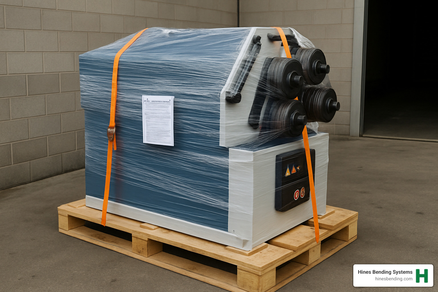 Industrial pipe bending machine properly crated and secured on shipping pallet with protective covering and documentation - used pipe bending machine