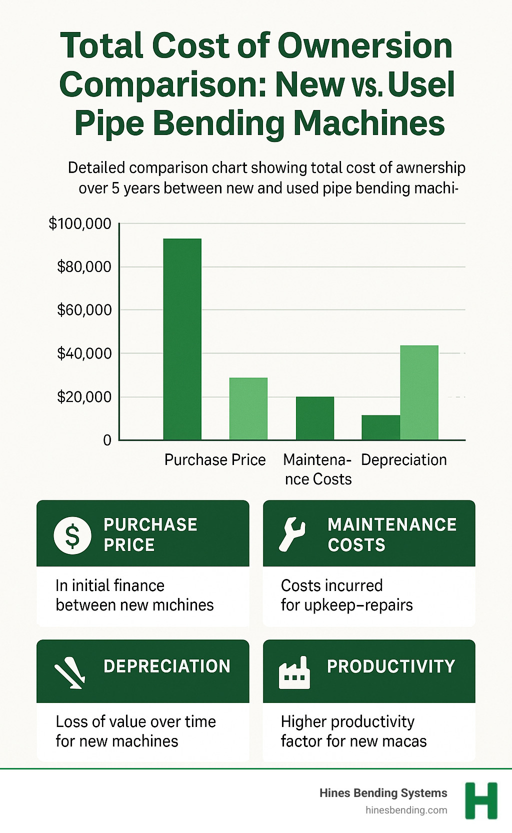 Detailed comparison chart showing total cost of ownership over 5 years between new and used pipe bending machines, including purchase price, maintenance costs, depreciation, and productivity factors - used pipe bending machine infographic 