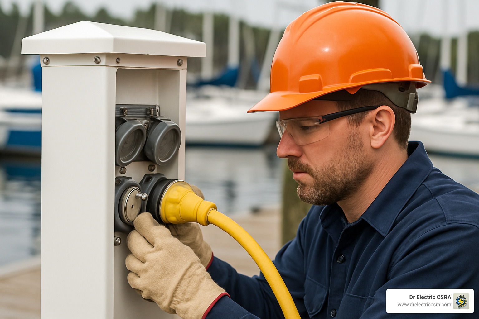 Electrician connecting shore power pedestal in marina, wearing safety gear and gloves, with boats in background.