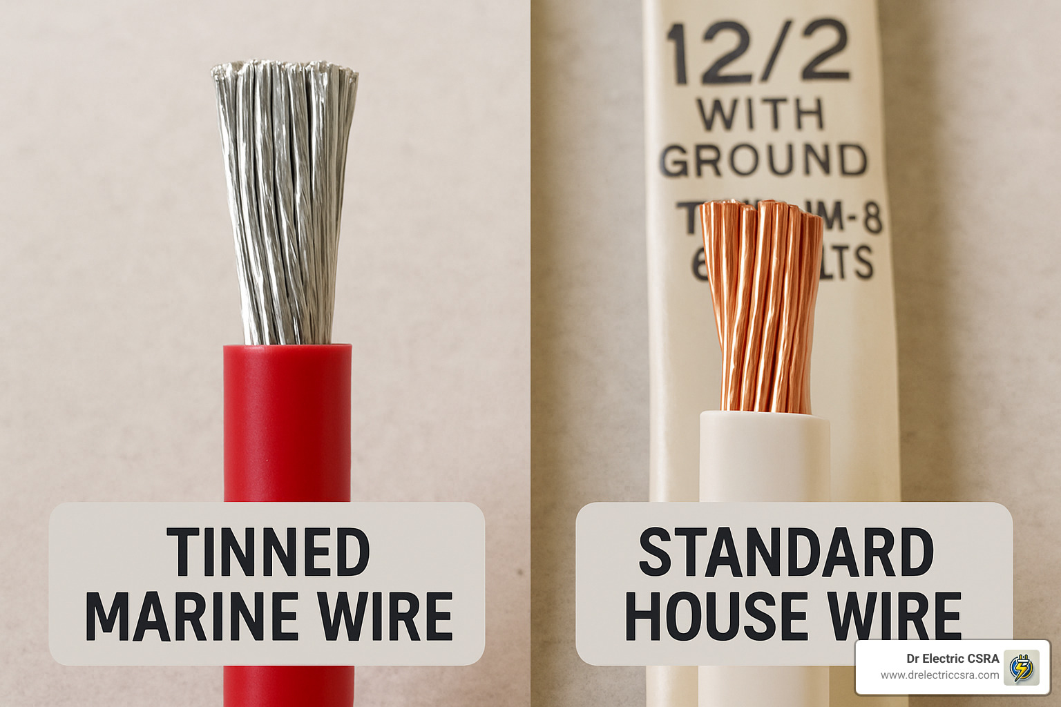 Tinned marine wire on left, standard house wire on right, illustrating key differences in materials for marine electrical work versus residential use.