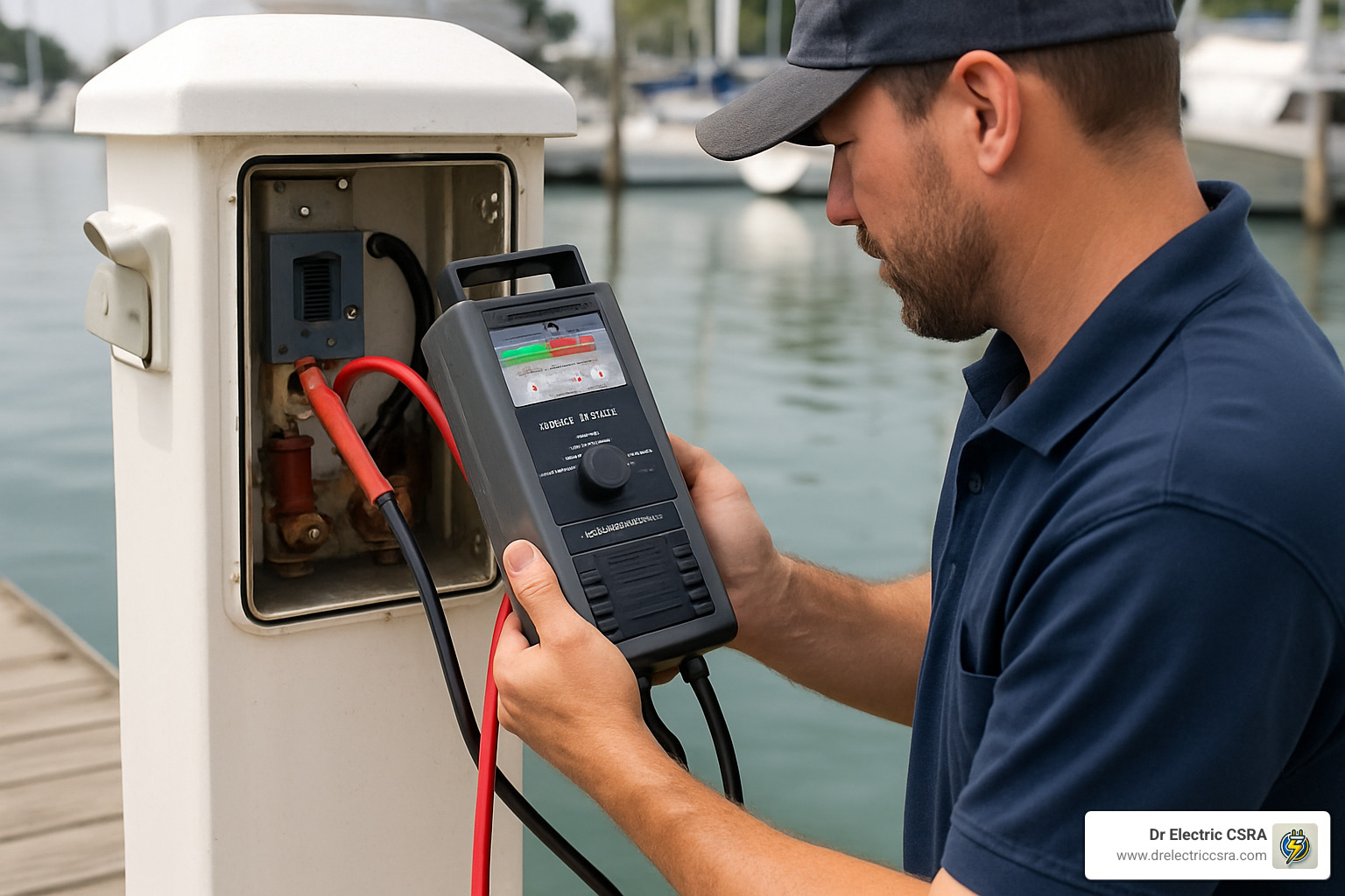 Marine electrician using a multimeter to test electrical connections at a dockside power pedestal, ensuring safe and reliable marine electrical systems.