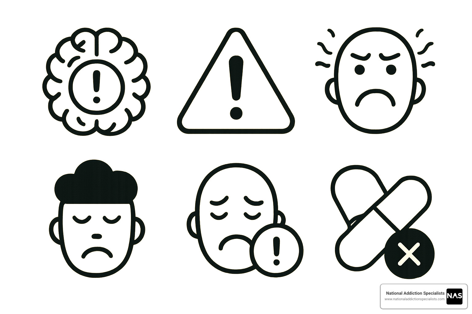 warning icons showing various mental health risks and side effects - suboxone and mental health