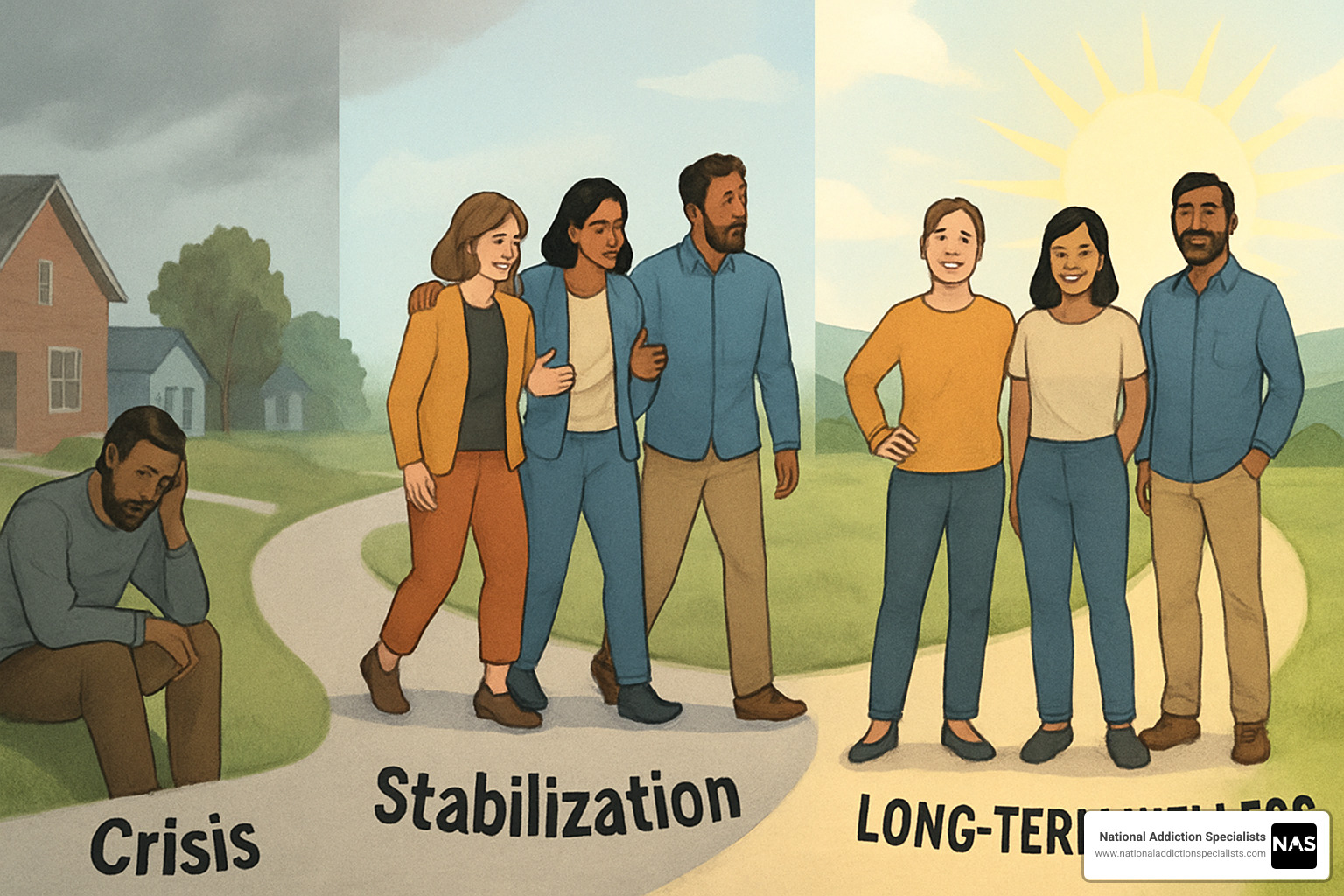 hopeful recovery path showing progression from crisis through stabilization to long-term wellness - suboxone and mental health