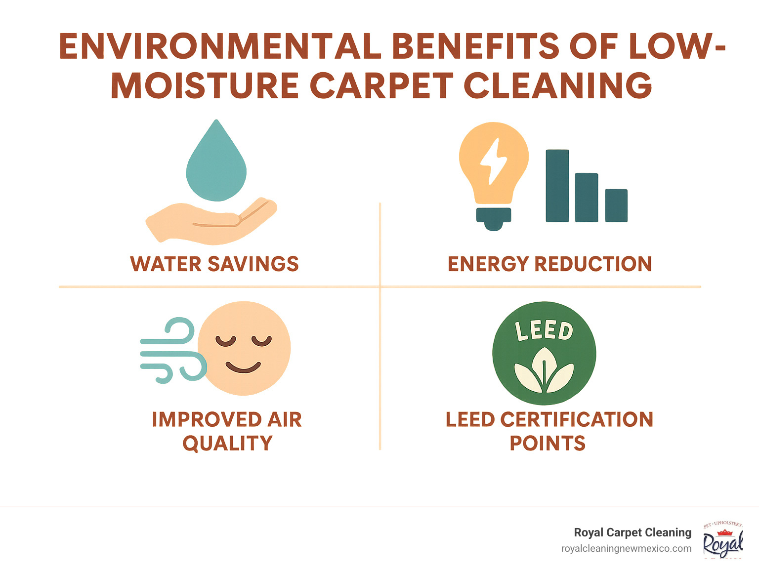 Infographic showing environmental benefits of low-moisture carpet cleaning including water savings, energy reduction, improved air quality, and LEED certification points - commercial carpet cleaner near me infographic 