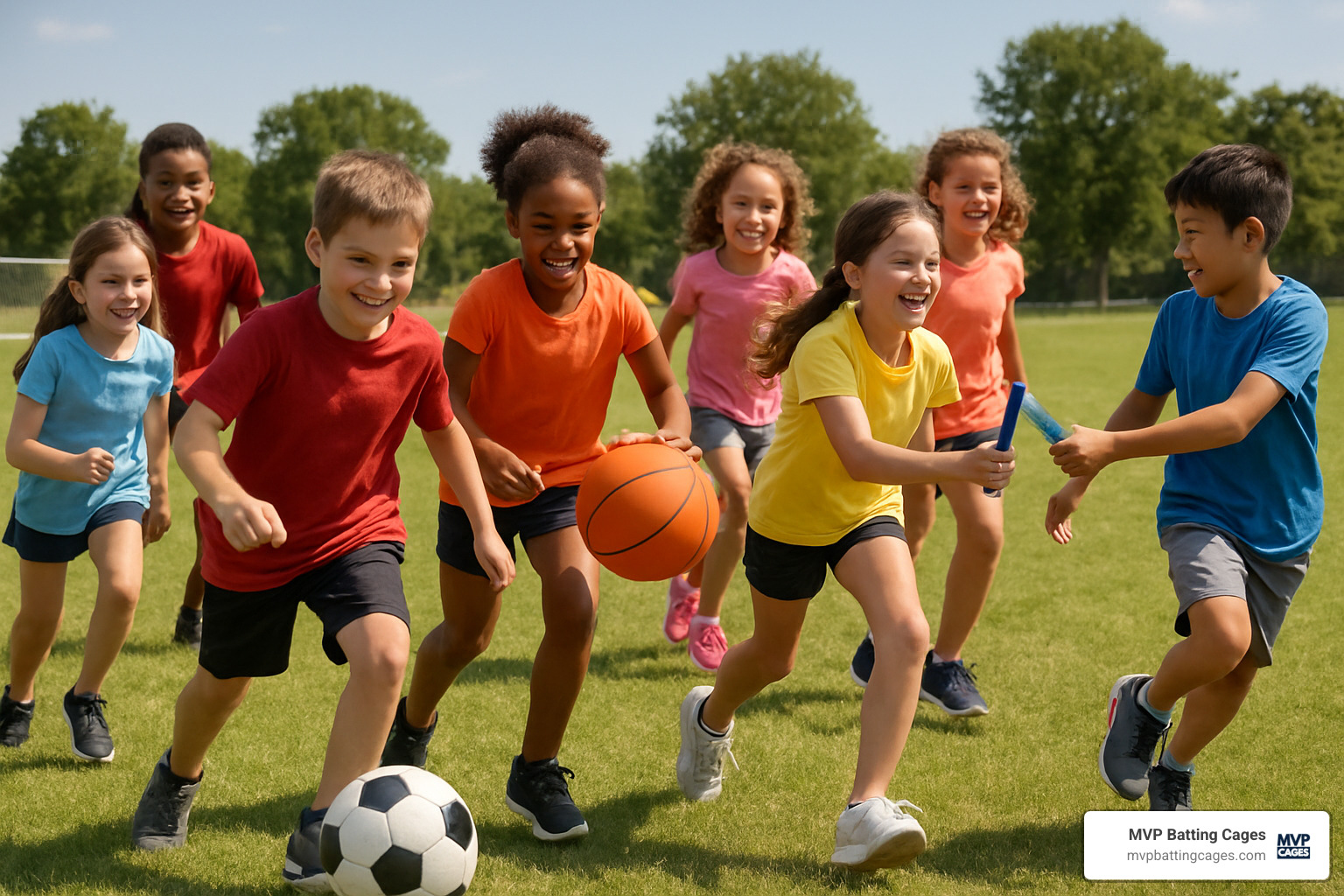 Active children engaged in various summer sports activities showcasing teamwork and skill development - summer sports programs