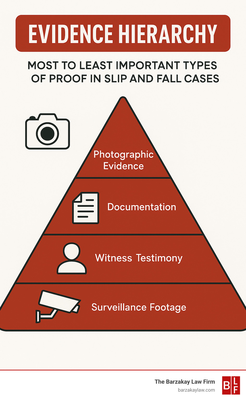 Evidence hierarchy showing most to least important types of proof in slip and fall cases - slip and fall injury claim infographic 