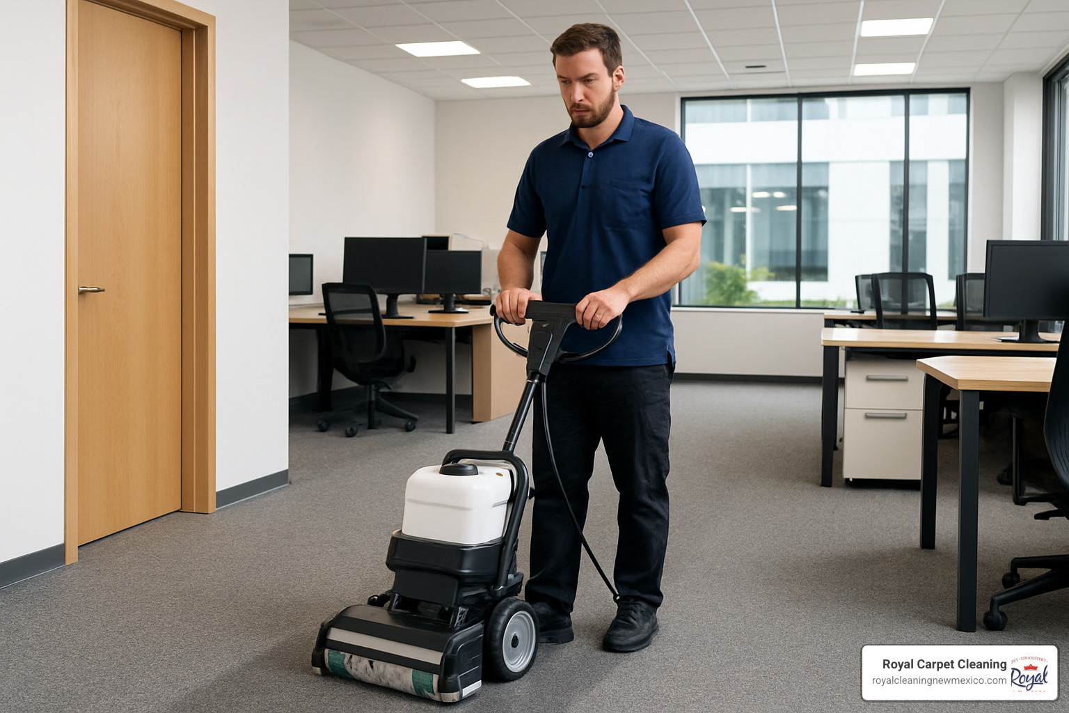 Low-moisture encapsulation cleaning machine in operation - commercial carpet cleaner near me