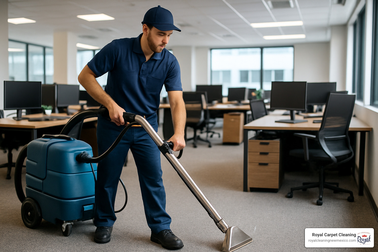 Professional technician performing carpet maintenance in modern office setting - commercial carpet cleaner near me