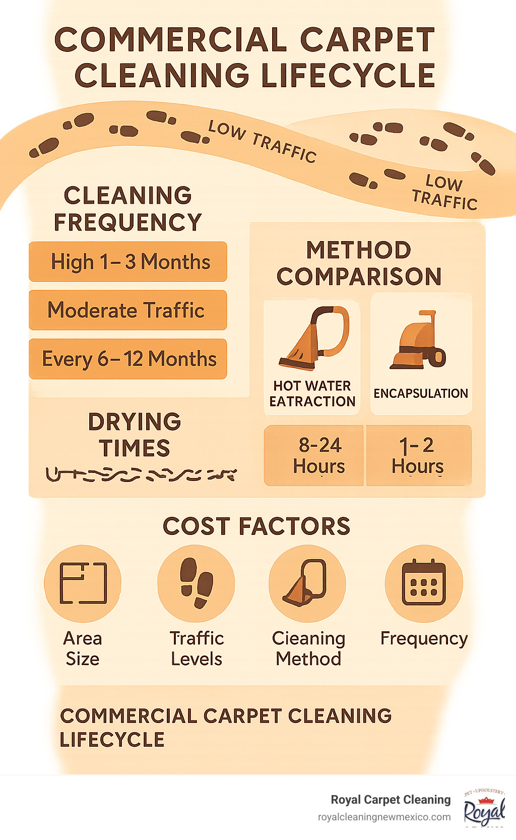 Infographic showing commercial carpet cleaning lifecycle with traffic patterns, cleaning frequency recommendations, method comparison between hot water extraction and encapsulation, drying times, and cost factors for businesses - commercial carpet cleaner near me infographic 