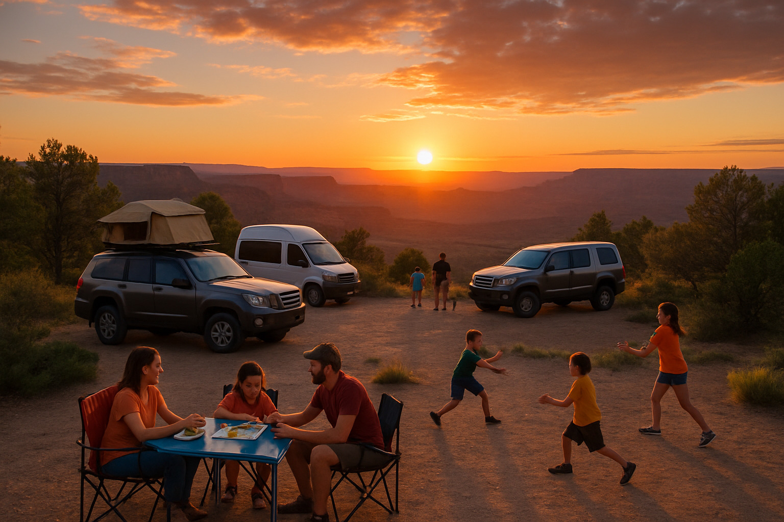 Sunset view of various camping vehicles at scenic overlook with families enjoying outdoor activities - best camping car