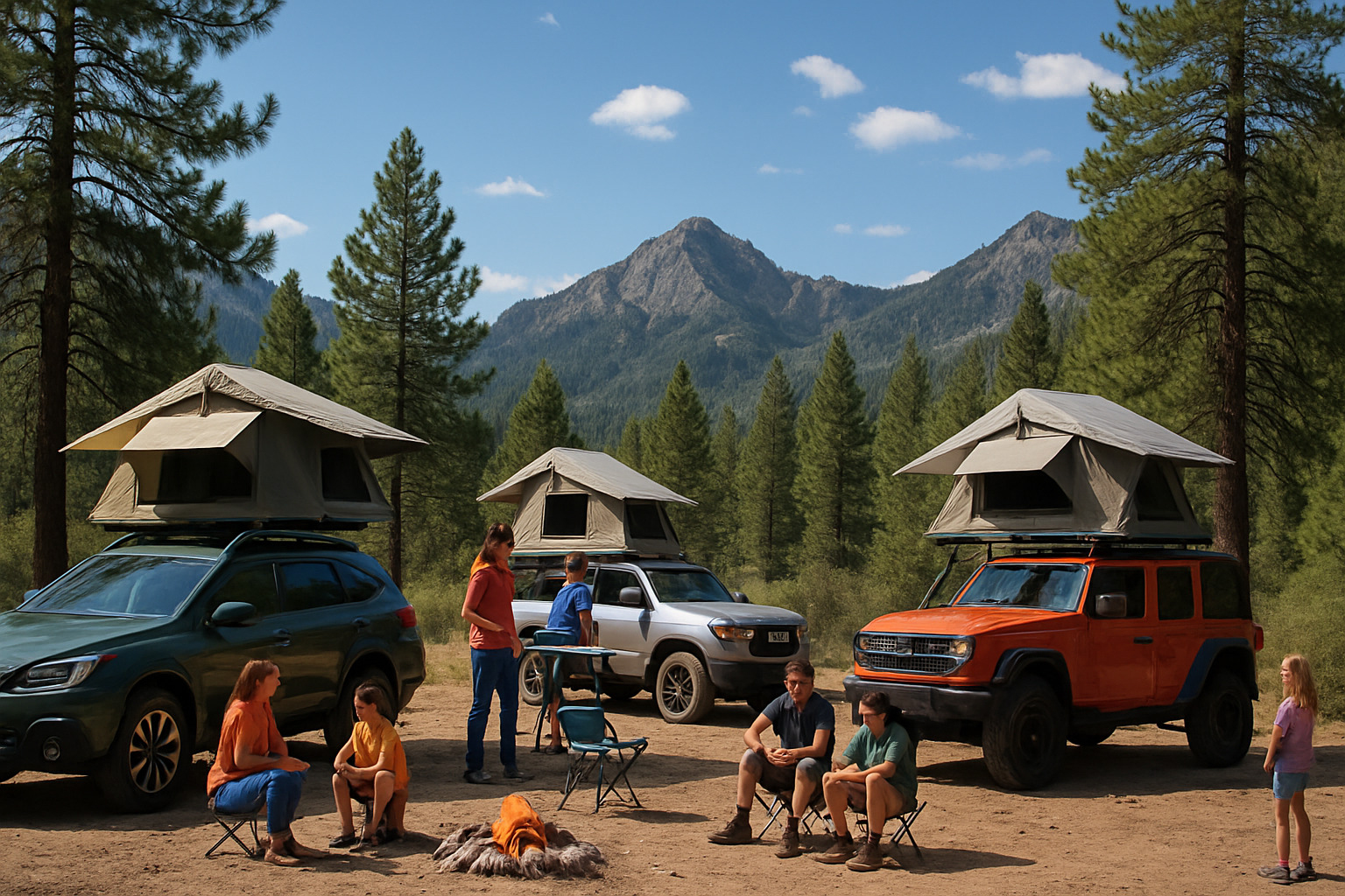 Mid-size SUVs with camping gear and rooftop tents in scenic mountain setting - best camping car