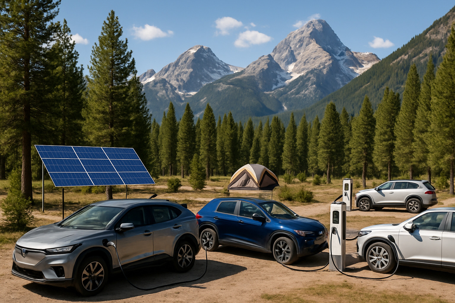 Electric vehicles charging at scenic campground with solar panels and mountain backdrop - best camping car