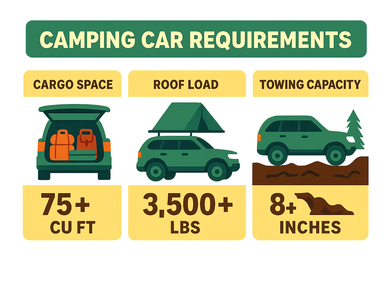 Infographic showing camping car requirements: cargo space measurements, roof load limits for tents, towing capacity for different trailer sizes, and ground clearance needed for various terrain types - best camping car infographic 