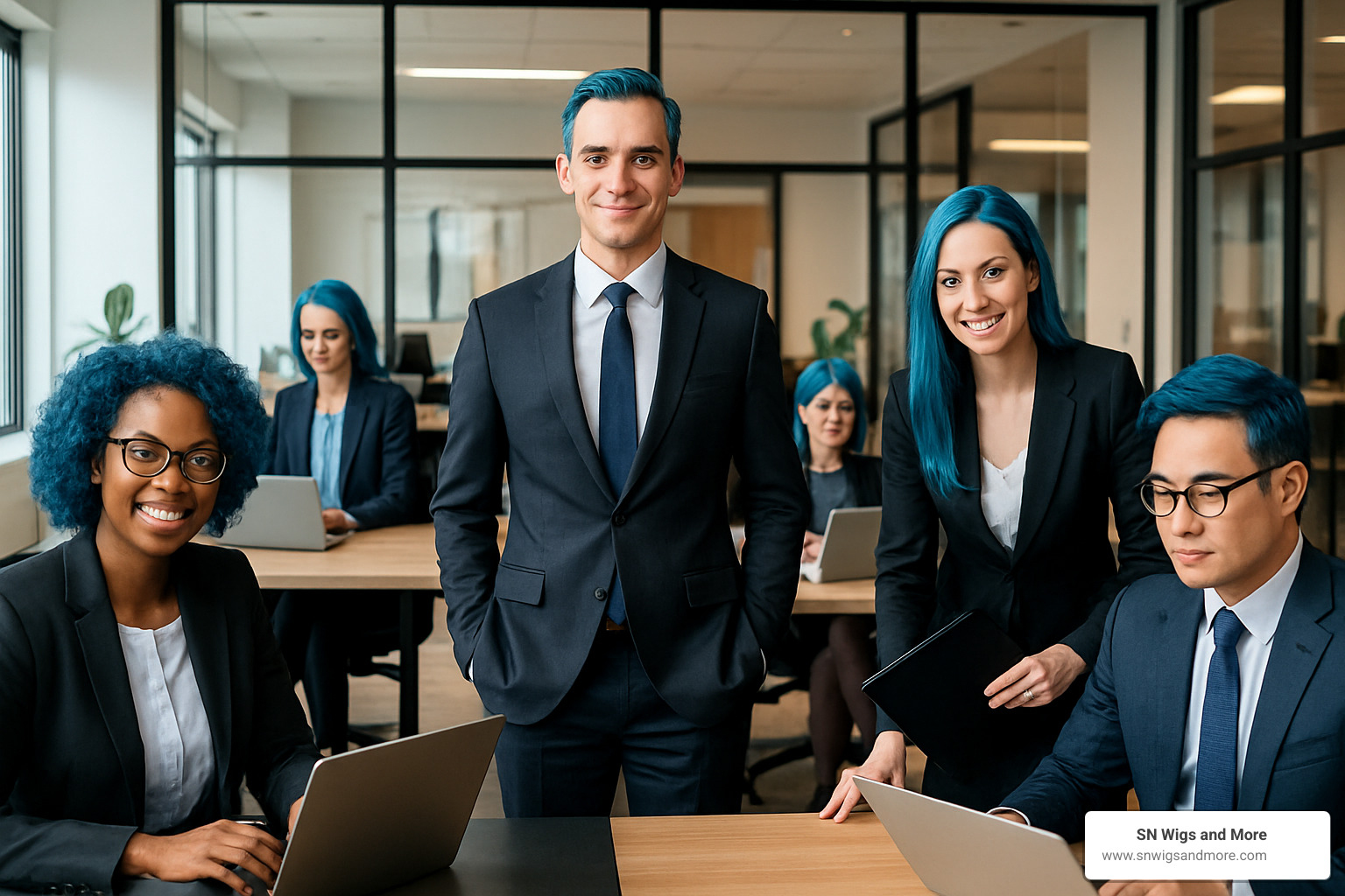 diverse professionals with blue hair - blue hair