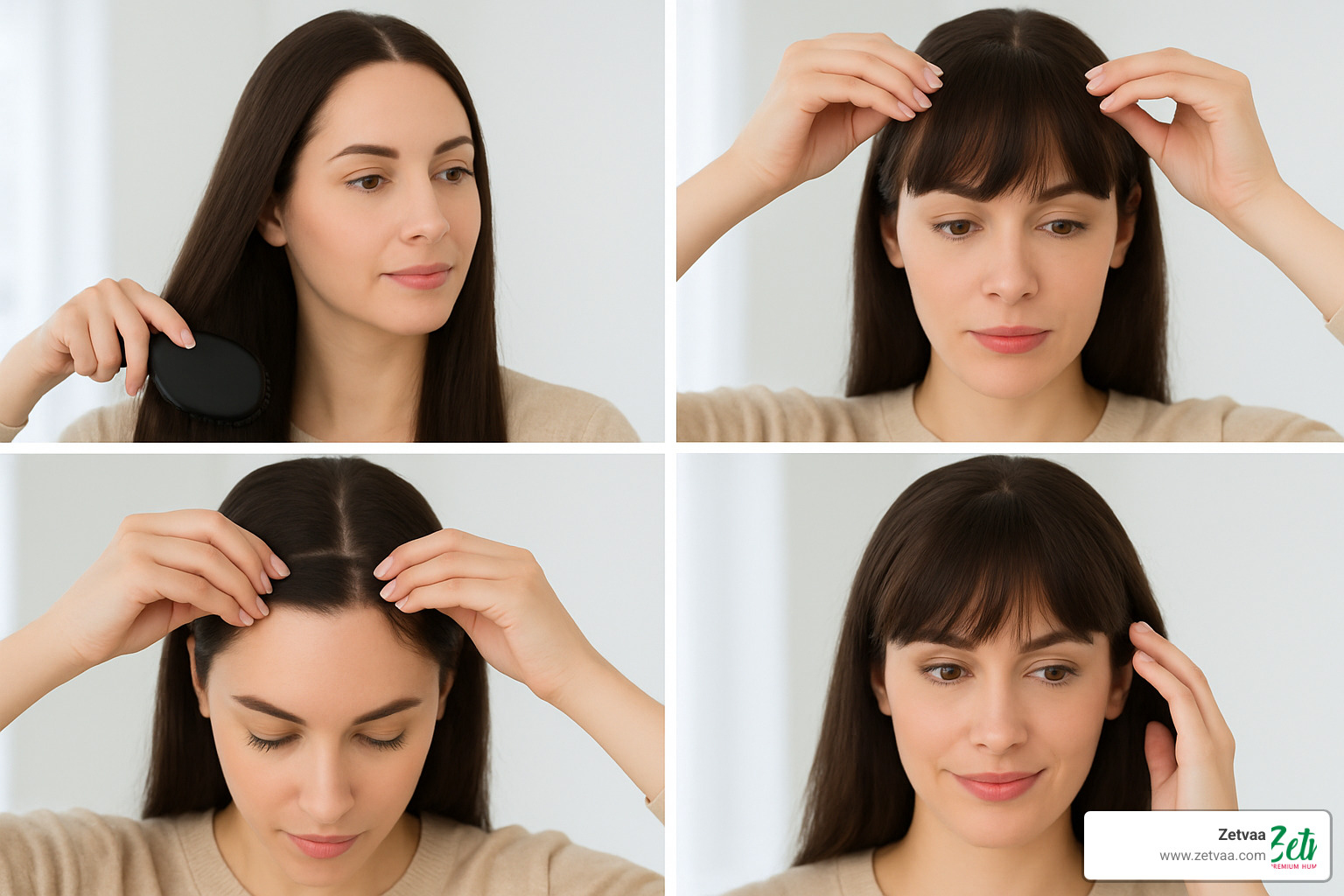 step-by-step images showing the application process of clip-in bangs - Clip in bangs extensions