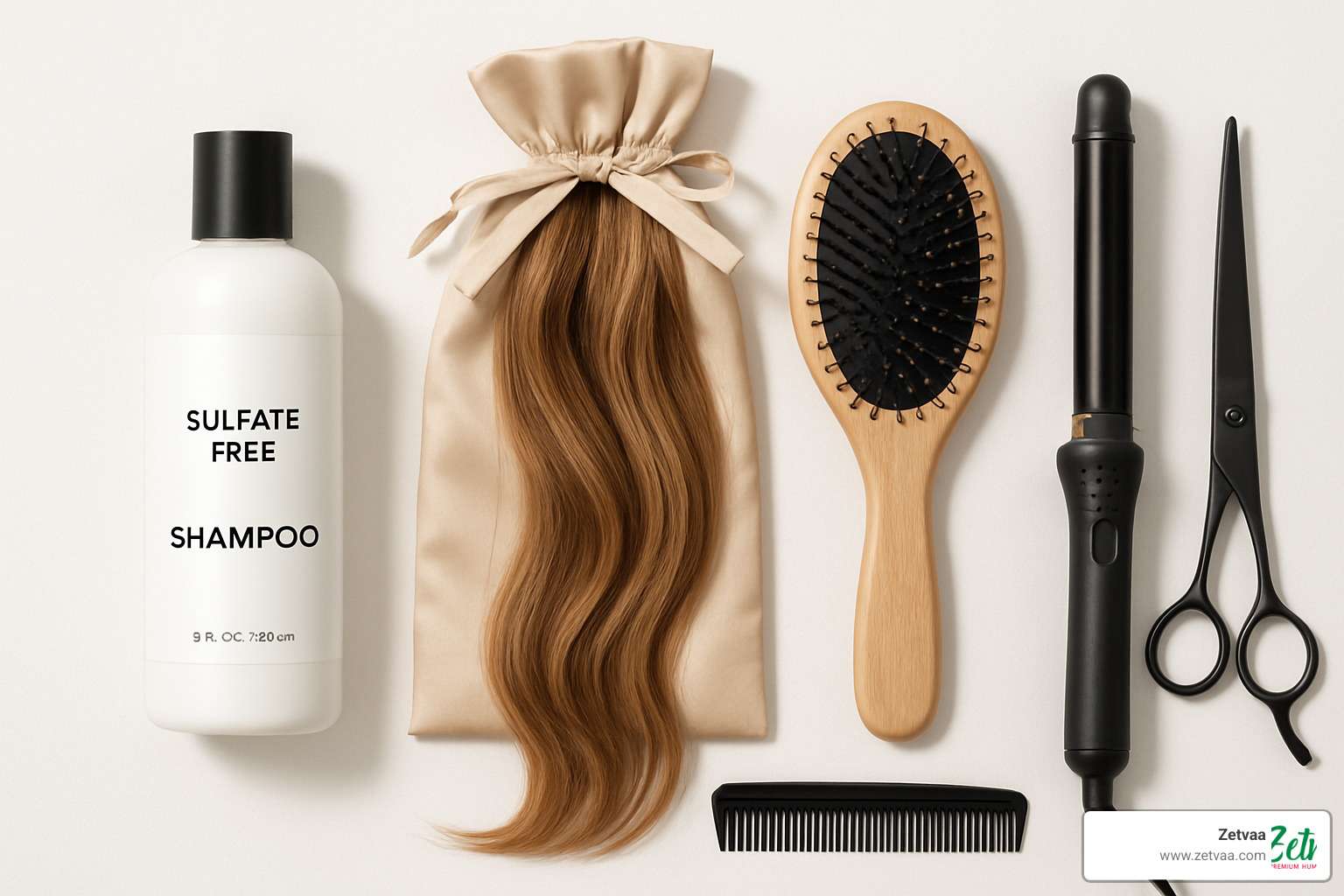 flat lay of hair extension care products including sulfate-free shampoo, silk storage bag, and styling tools - Clip in bangs extensions