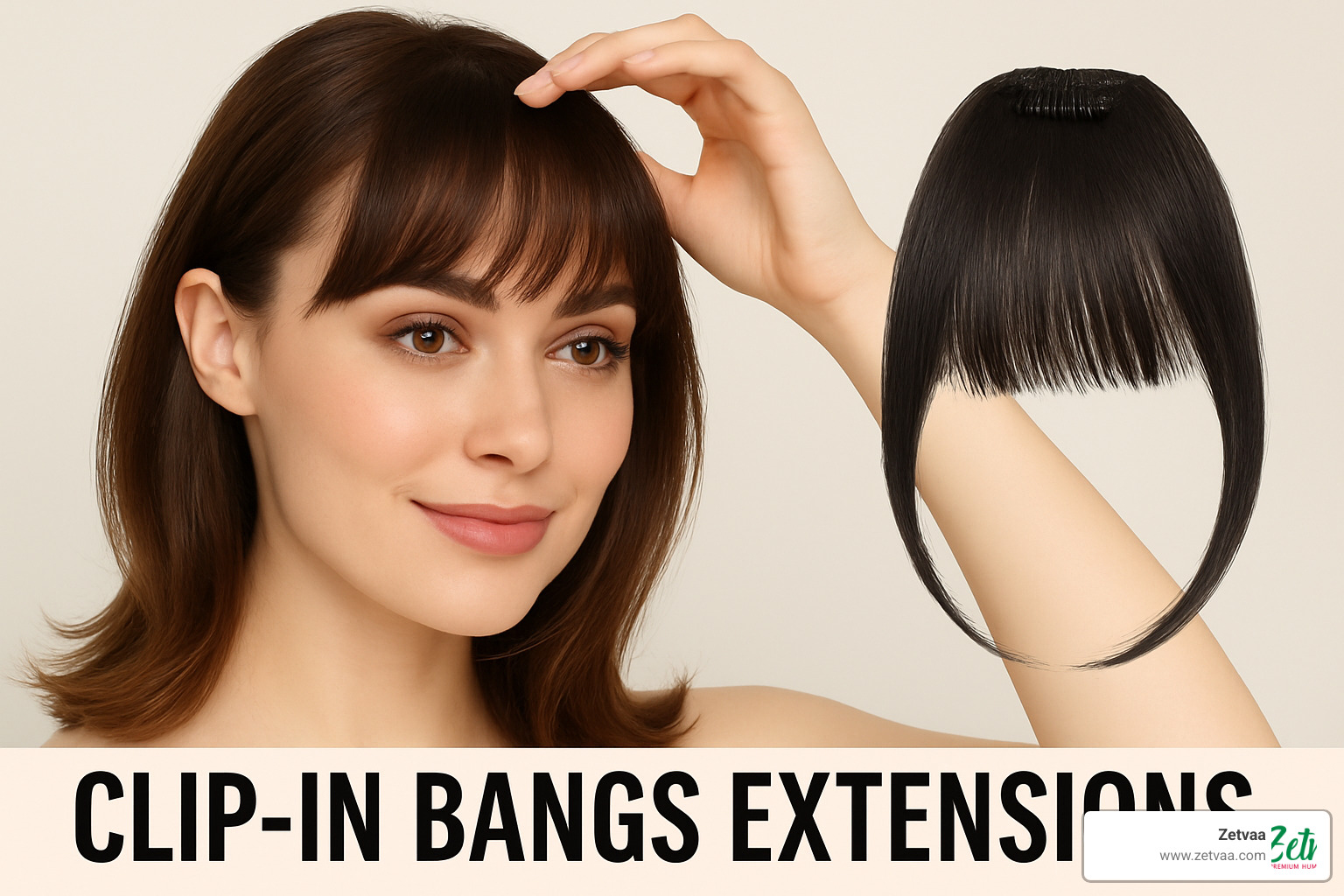 color matching swatches and different bang styles including curtain, blunt, and wispy options - Clip in bangs extensions
