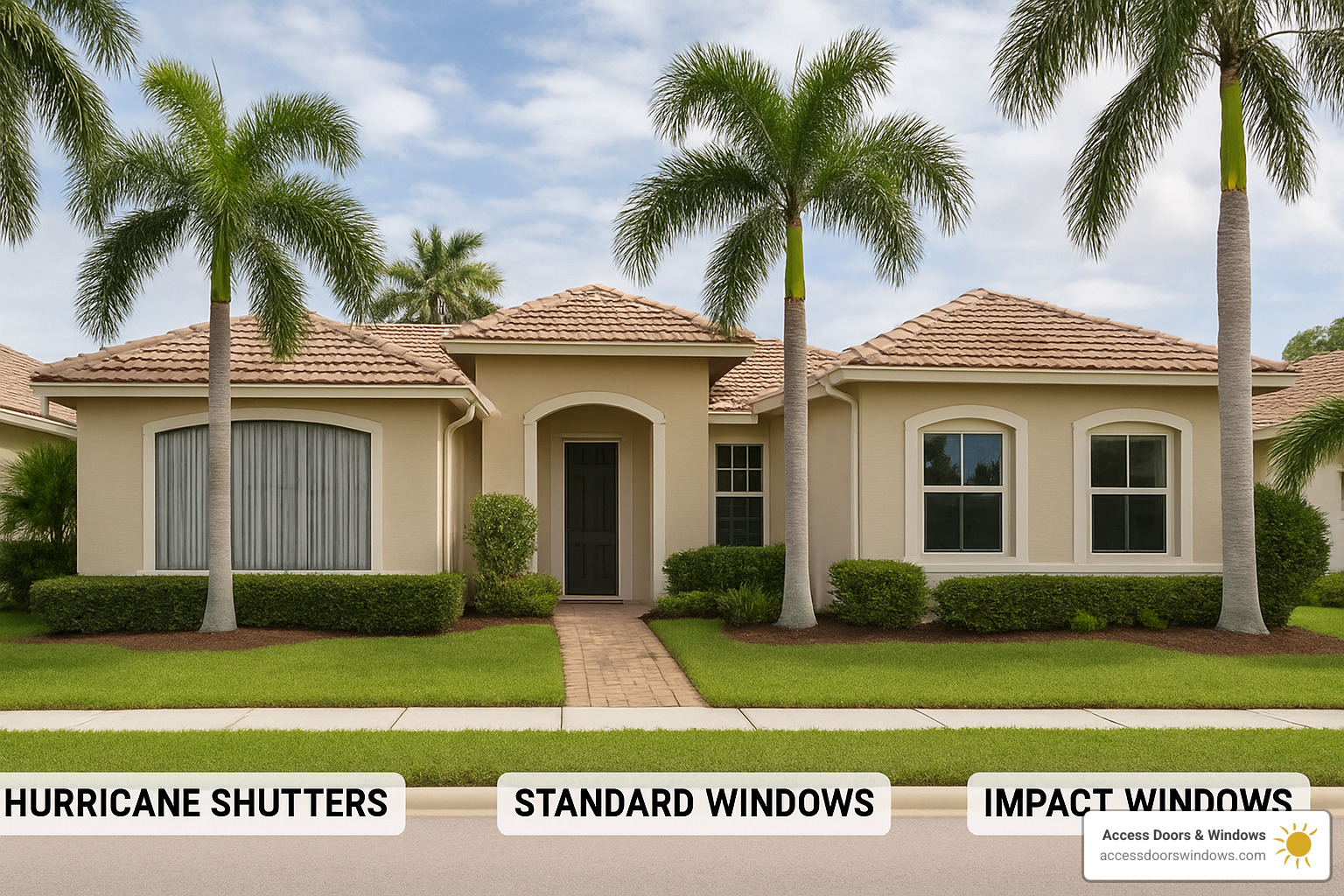 comparison showing hurricane shutters, traditional windows, and impact windows during storm preparation - impact windows palm beach gardens