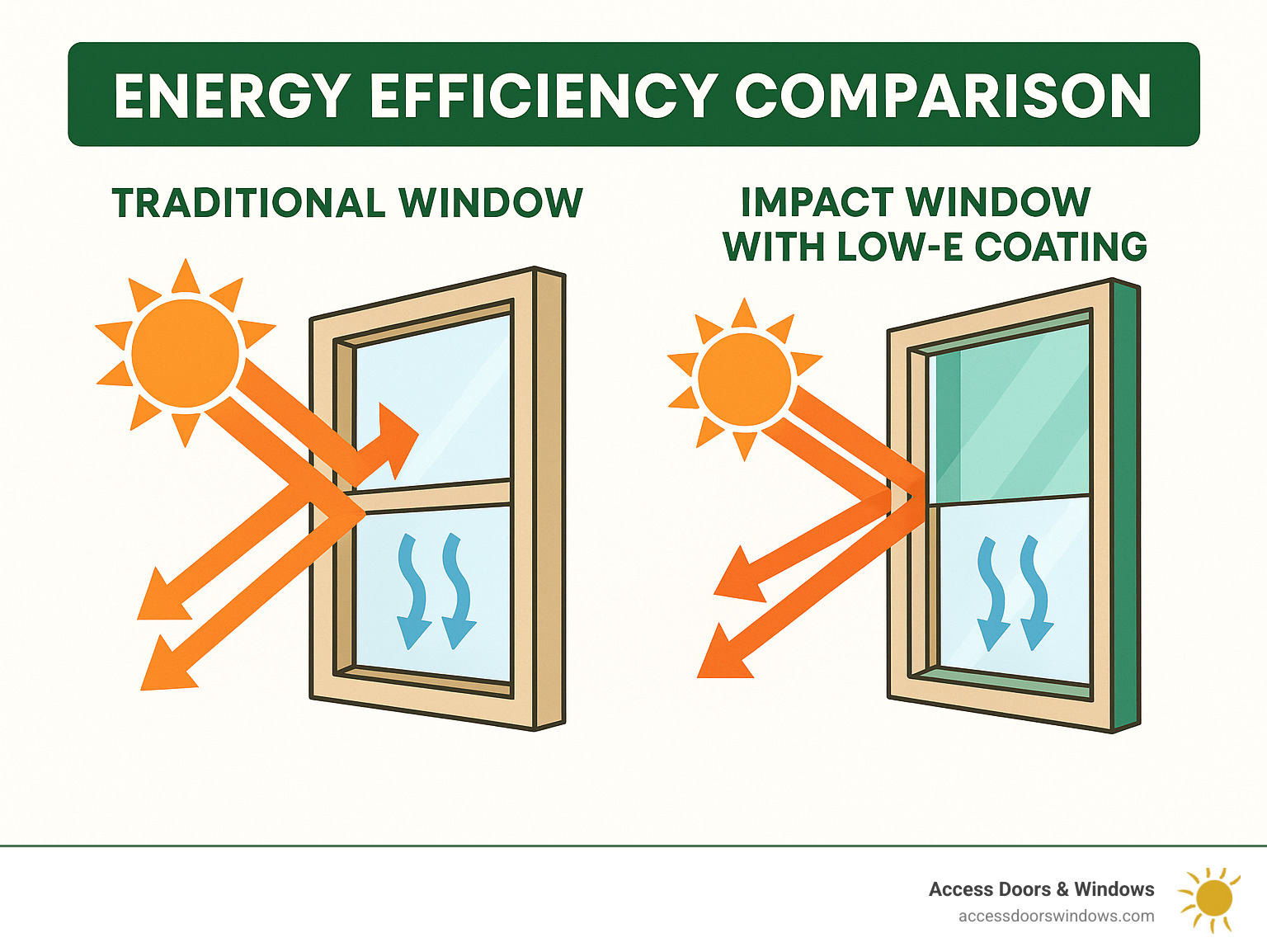 Energy efficiency comparison showing heat transfer through traditional windows versus impact windows with low-E coatings - impact windows palm beach gardens infographic 