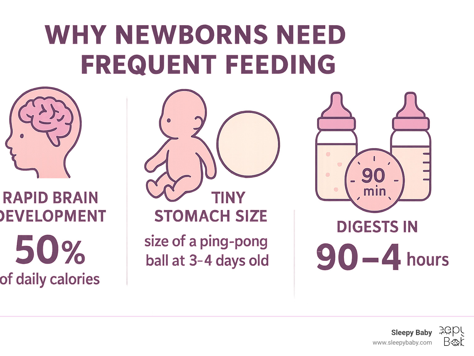 Infographic showing three main reasons newborns need frequent feeding: rapid brain development requiring 50% of daily calories, tiny stomach size of ping-pong ball at 3-4 days old, and breast milk digesting in 90 minutes compared to formula's 3-4 hours - how to wake up newborn to feed infographic 