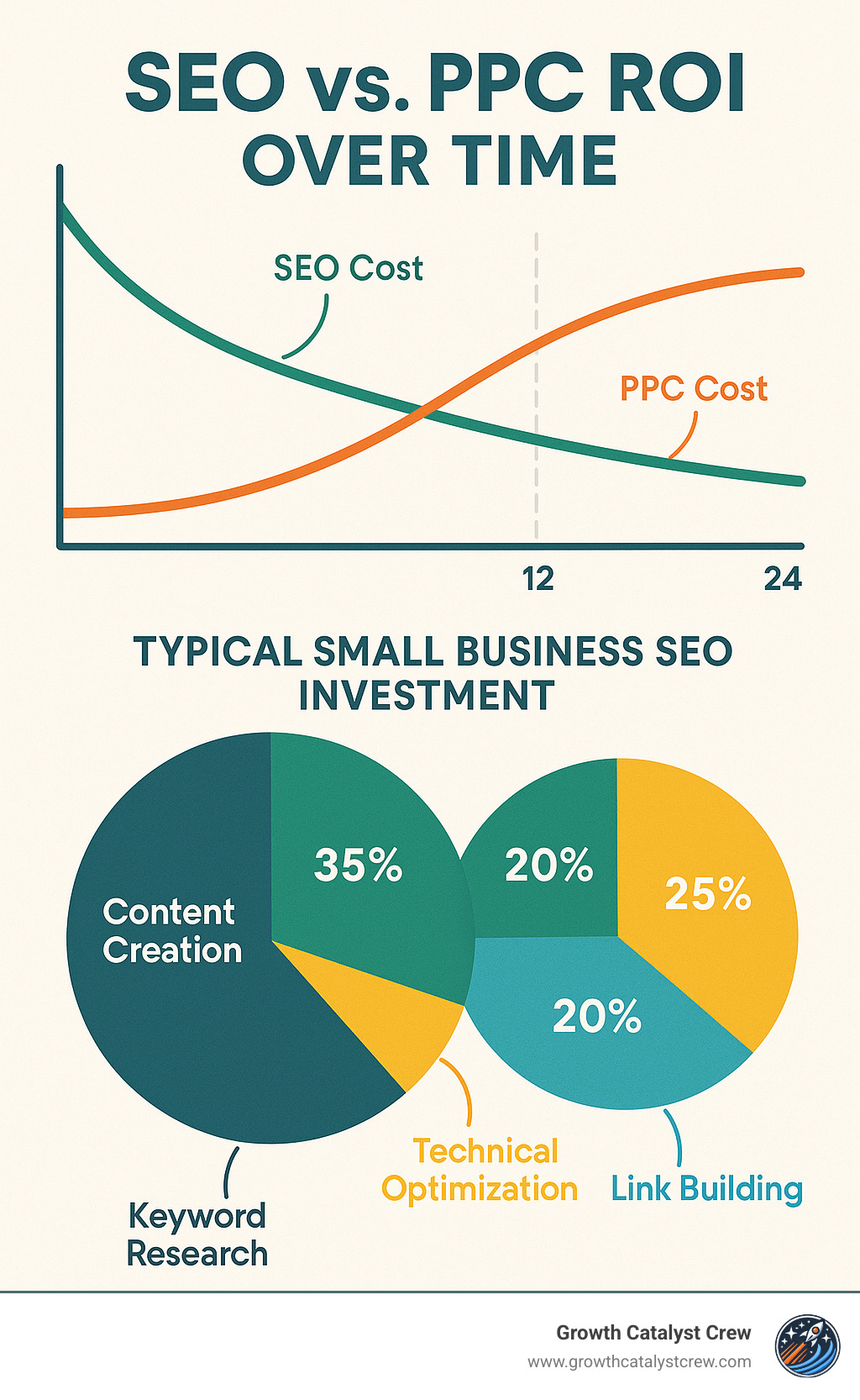 Comprehensive infographic showing SEO vs PPC cost curves over 24 months, with SEO starting higher but delivering better long-term ROI, plus breakdown of typical small business SEO investment allocation across different activities - seo for small business packages infographic