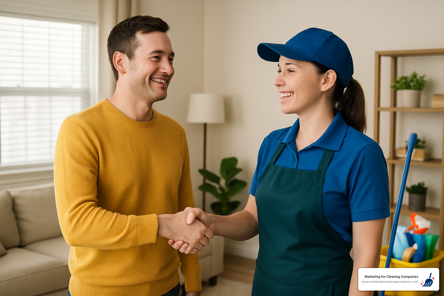 Happy customer shaking hands with cleaning service provider - cleaning business growth strategies
