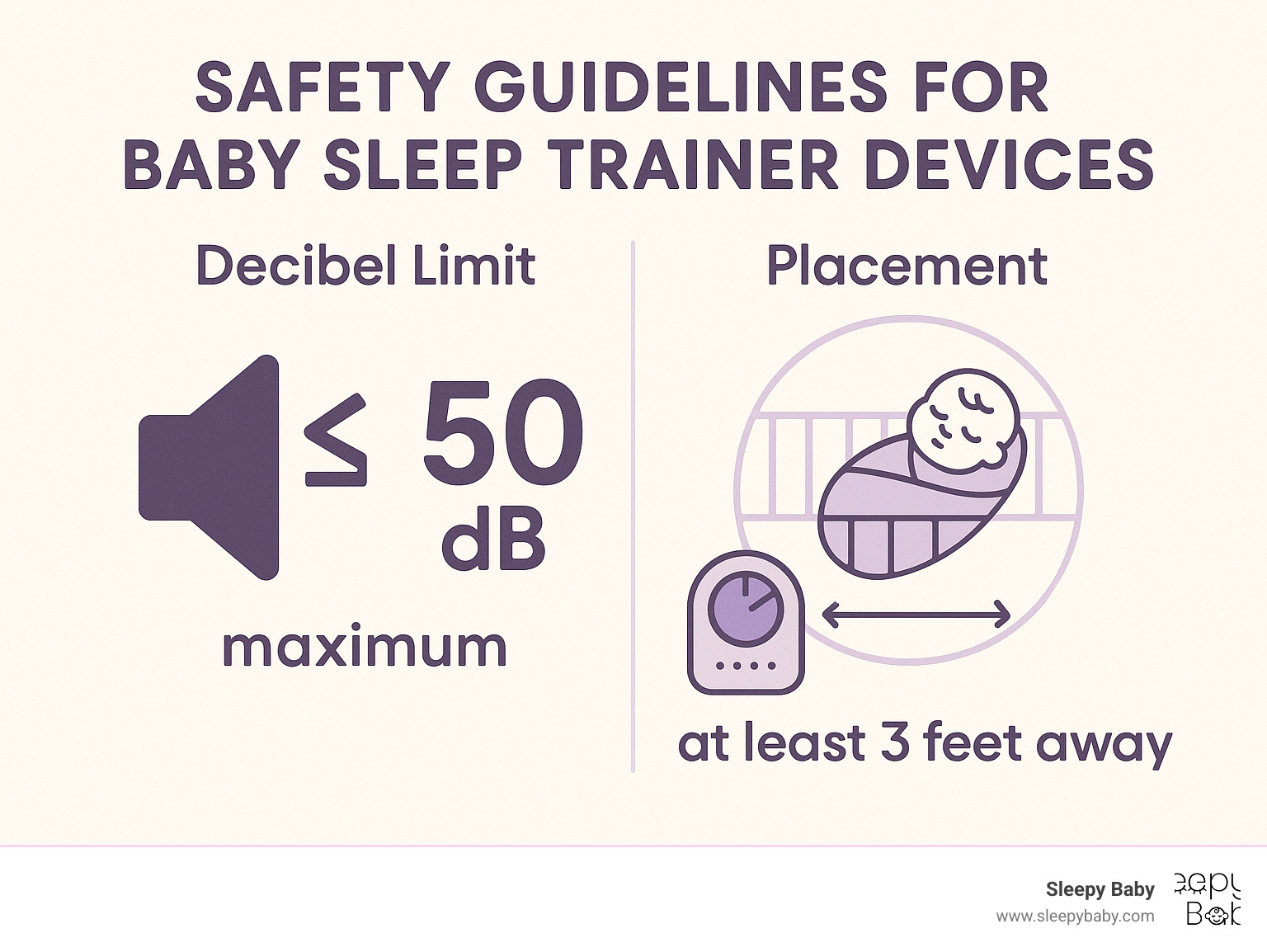 Safety guidelines for baby sleep trainer devices including decibel limits and placement recommendations - baby sleep trainer device infographic 