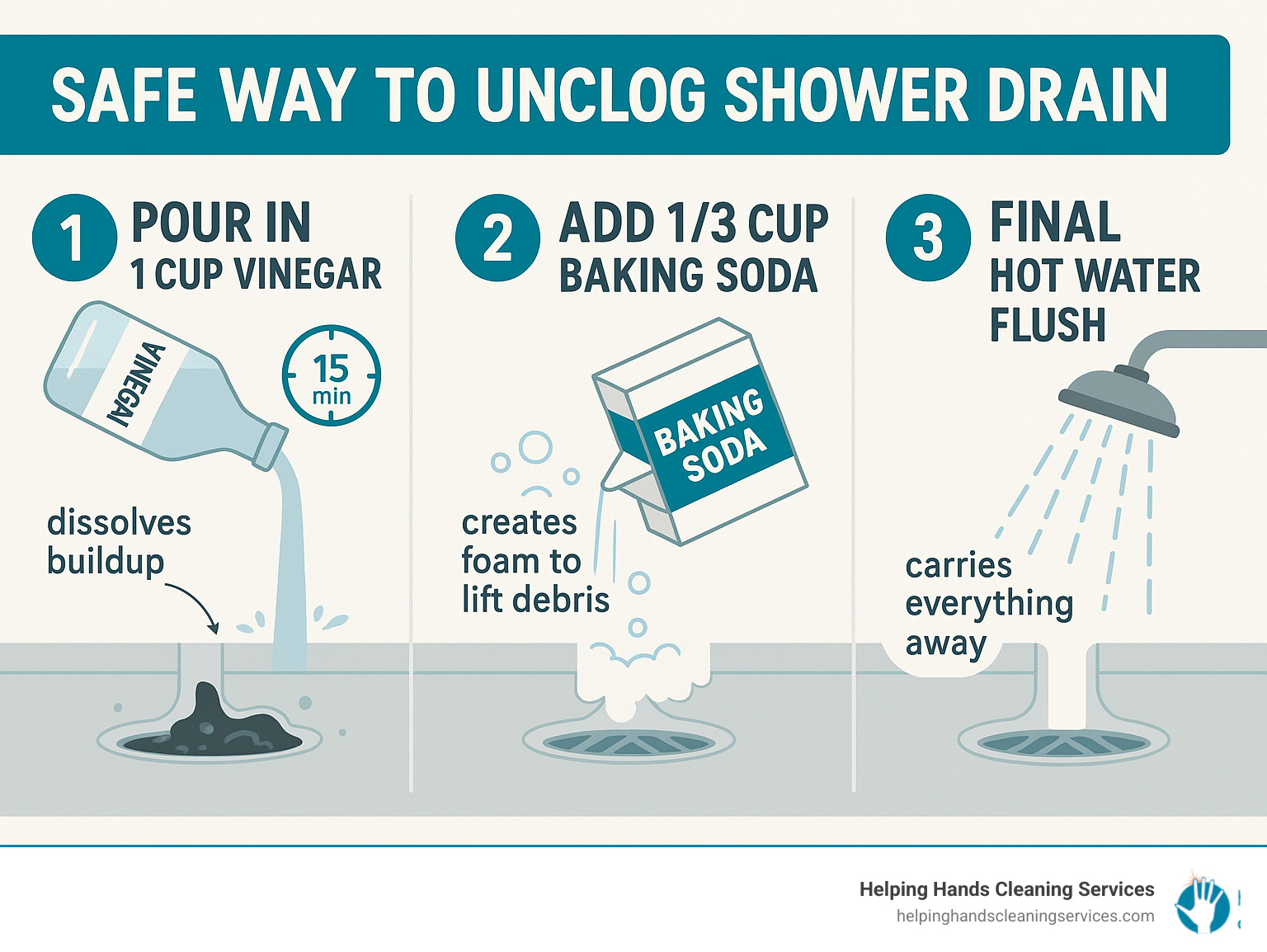 Infographic showing the chemical reaction steps: vinegar poured first dissolves buildup, baking soda added creates foam to lift debris, final hot water flush carries everything away, with timing and measurements clearly labeled - safe way to unclog shower drain infographic 