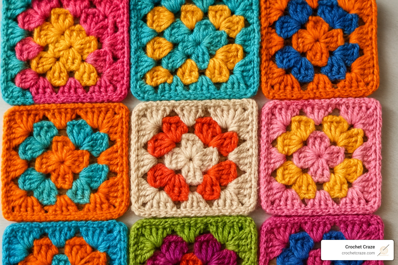 Colorful granny squares arranged in a pattern - Learn crochet online