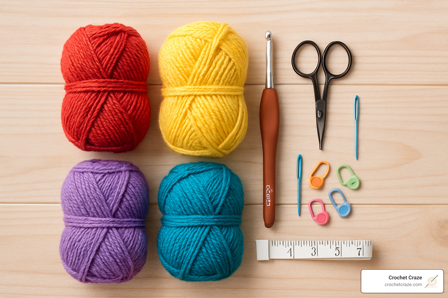 Basic crochet supplies laid out including yarn, hooks, scissors, and stitch markers - Learn crochet online