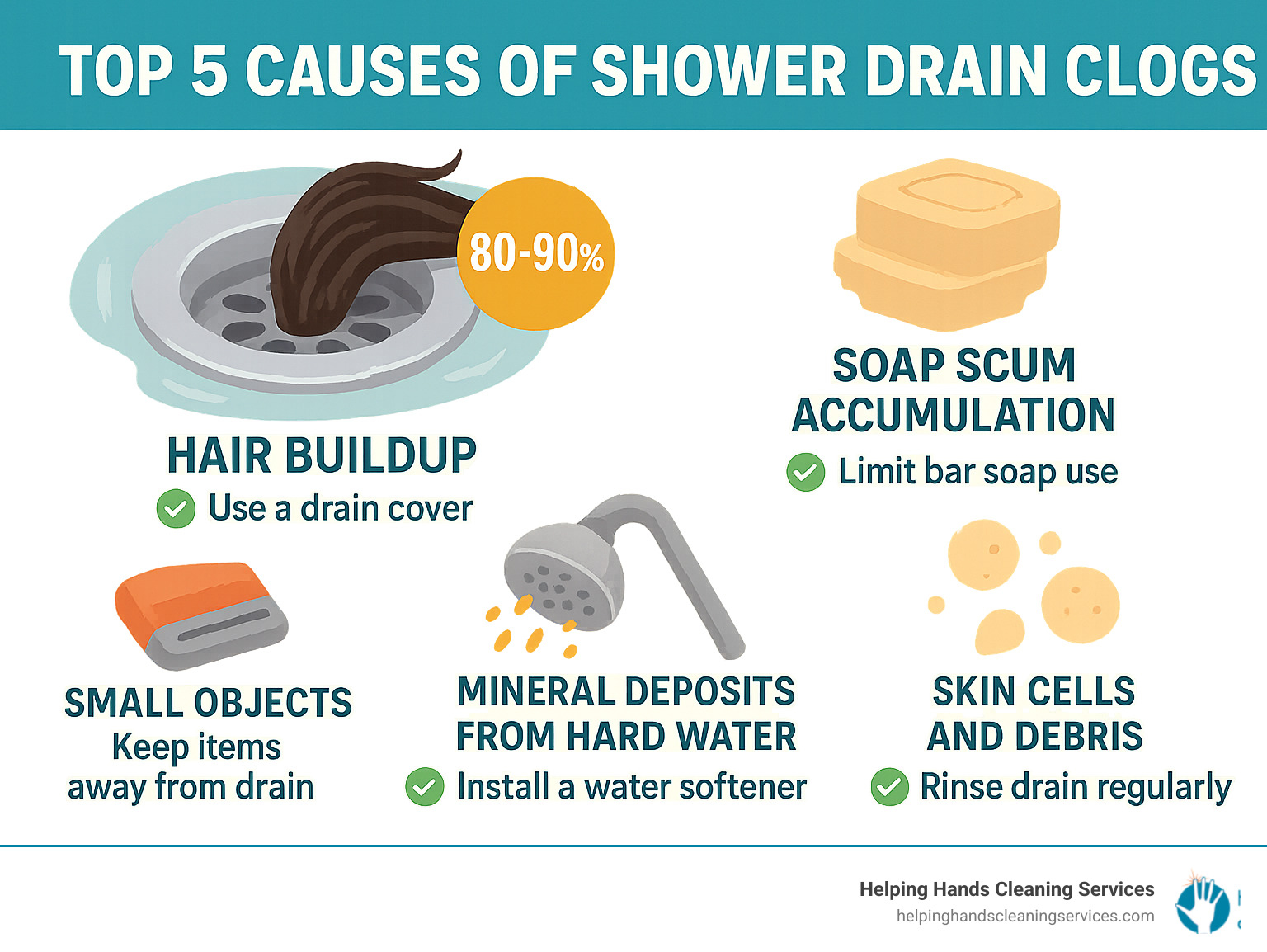 Infographic showing the top 5 causes of shower drain clogs: hair buildup (80-90%), soap scum accumulation, mineral deposits from hard water, small objects like razor caps, and skin cells and debris, with prevention tips for each cause - safe way to unclog shower drain infographic 