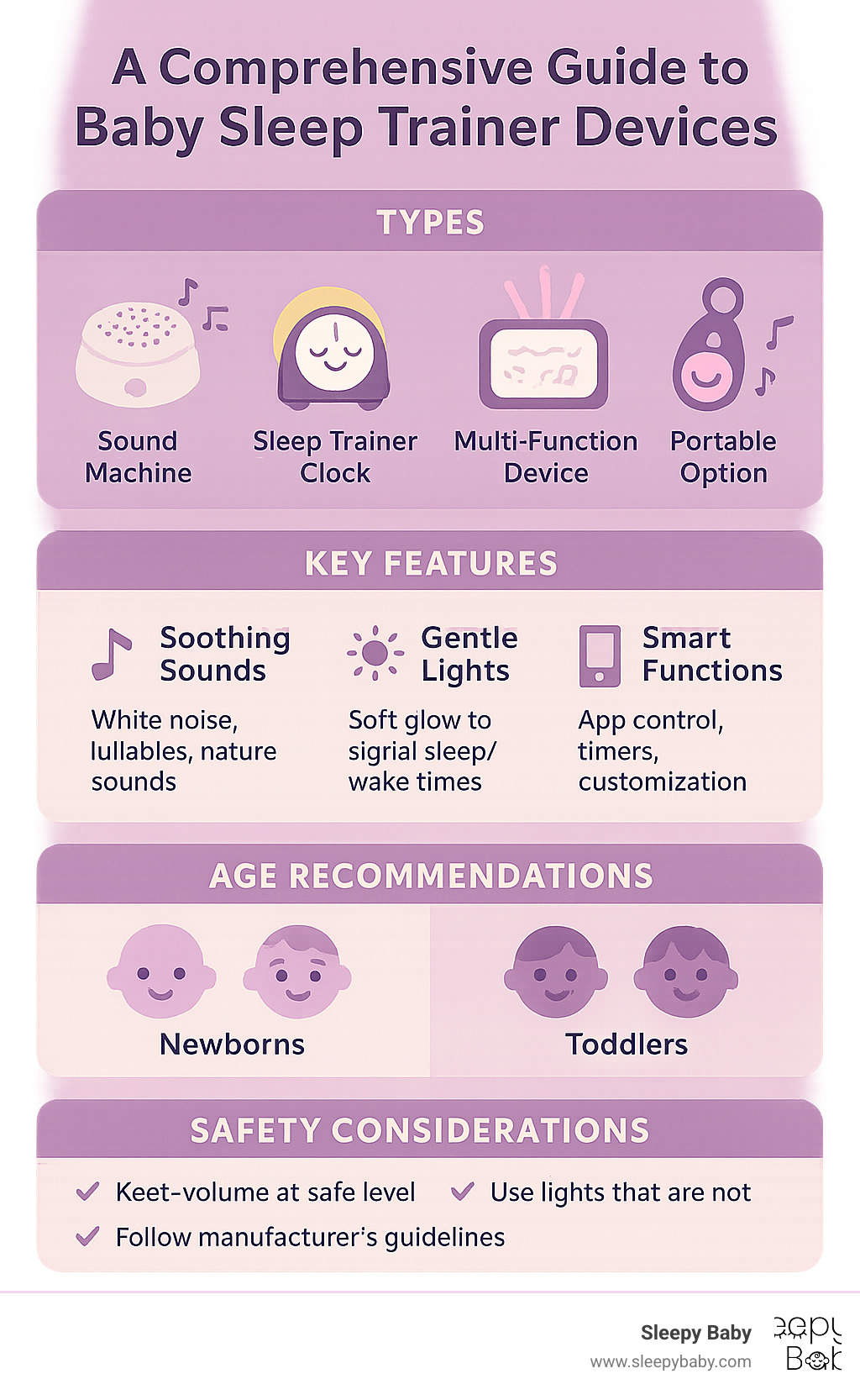 Comprehensive guide showing types of baby sleep trainer devices, their key features, age recommendations, and safety considerations for new parents - baby sleep trainer device infographic 