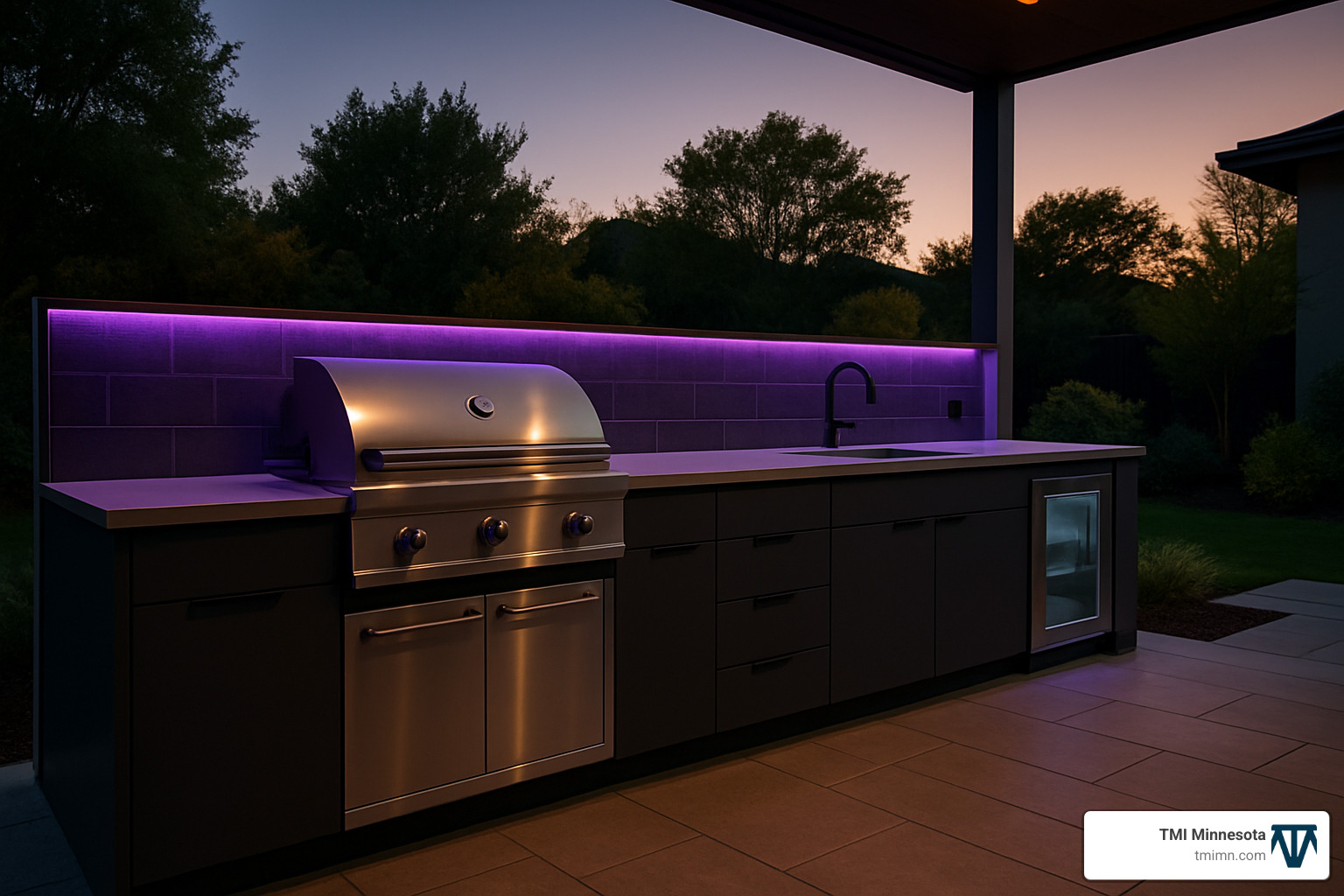 1f64cb7eb7970a584a1a82d27c3e4d353b54d630 Cook Outside the Box with These Modern Outdoor Kitchen Inspirations Discover modern outdoor kitchen ideas, layouts, and design tips to boost home value and enjoy stylish, year-round al fresco living. LED backsplash lighting in modern outdoor kitchen - modern outdoor kitchen