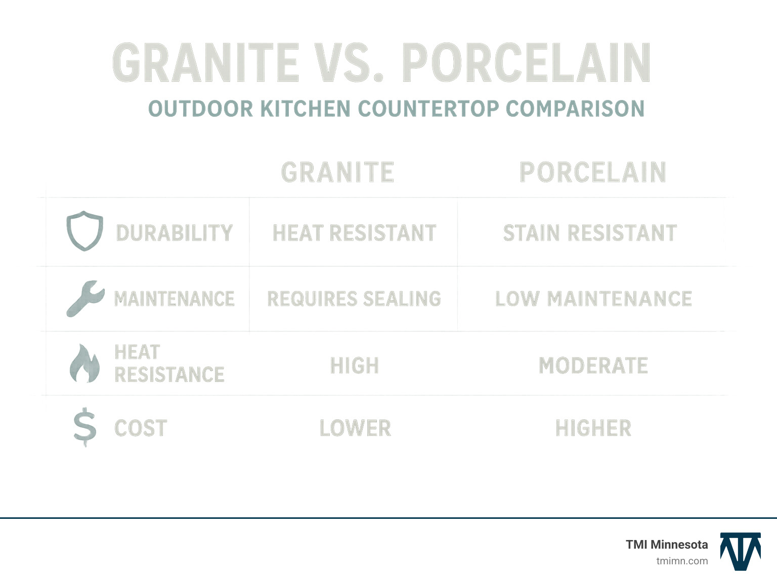 7e2054e8b0bf64421155e656e3f6a07b856f7292 Cook Outside the Box with These Modern Outdoor Kitchen Inspirations Discover modern outdoor kitchen ideas, layouts, and design tips to boost home value and enjoy stylish, year-round al fresco living. Comparison chart showing granite vs porcelain durability, maintenance requirements, heat resistance, and cost factors for outdoor kitchen countertops - modern outdoor kitchen infographic