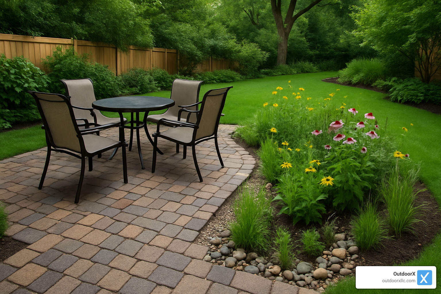 Eco-friendly permeable paver patio with integrated rain garden and native plantings demonstrating sustainable hardscaping practices - Hardscaping Services Andover MA