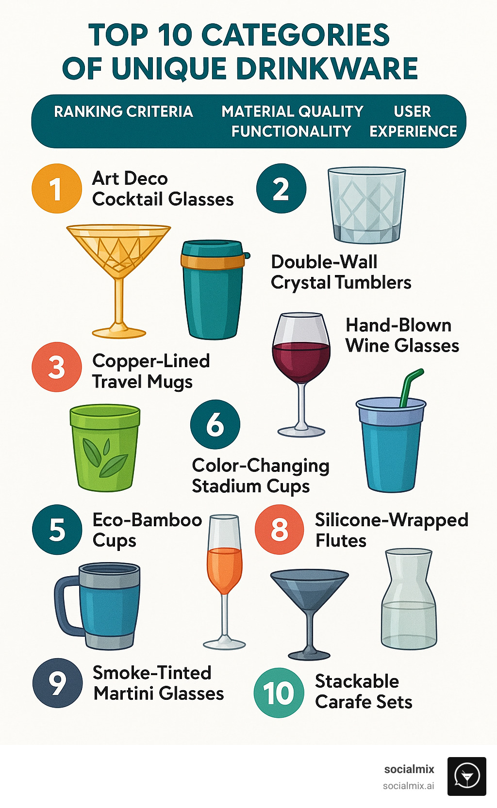 Infographic showing the top 10 categories of unique drinkware including art deco cocktail glasses, double-wall crystal tumblers, copper-lined travel mugs, hand-blown wine glasses, eco-bamboo cups, color-changing stadium cups, hybrid tumbler-coolers, silicone-wrapped flutes, smoke-tinted martini glasses, and stackable carafe sets with detailed ranking criteria based on design innovation, material quality, functionality, and user experience - unique drinkware infographic 