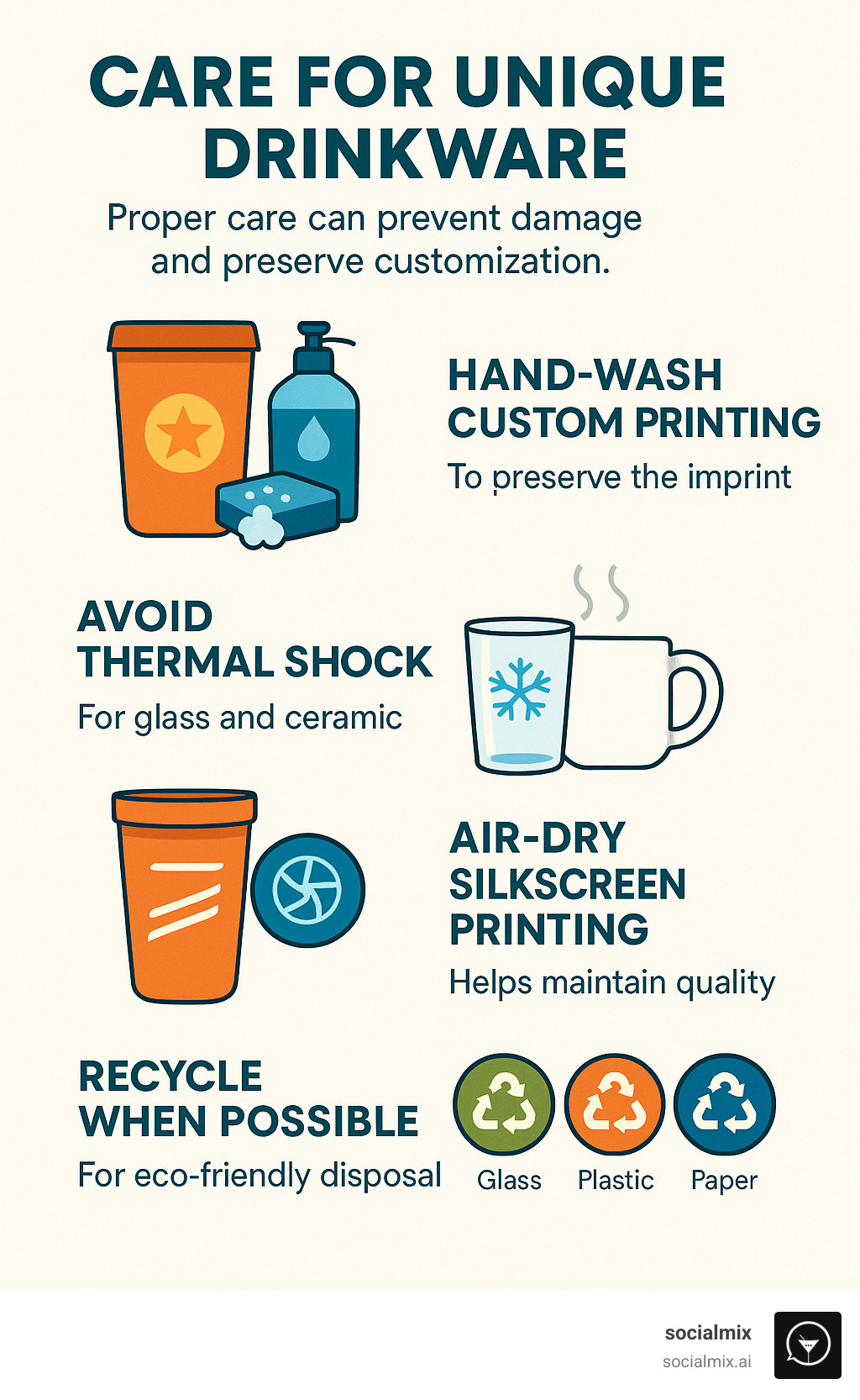 Infographic showing proper cleaning techniques for different drinkware materials including hand-wash recommendations for custom printing, thermal shock prevention for glass and ceramic, air-drying benefits for silkscreen printing, and recycling guidelines for various materials - unique drinkware infographic 