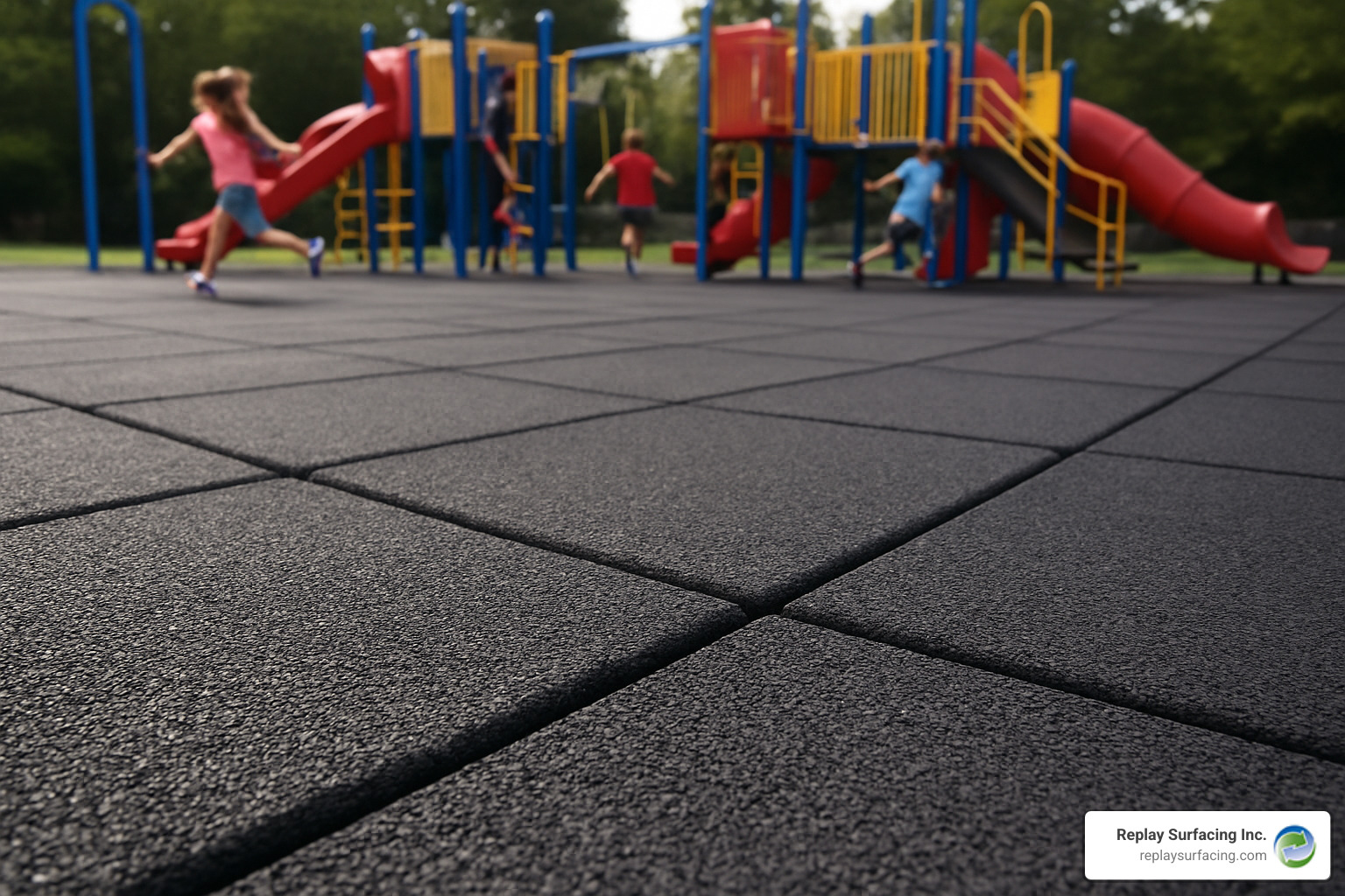 playground mat showing excellent condition after five years of heavy use in a school playground setting - black playground mats