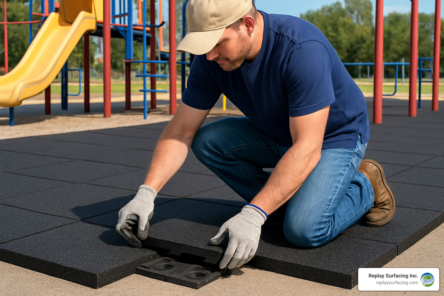 DIY installer connecting interlocking playground tiles using the Quad-Blok system - black playground mats
