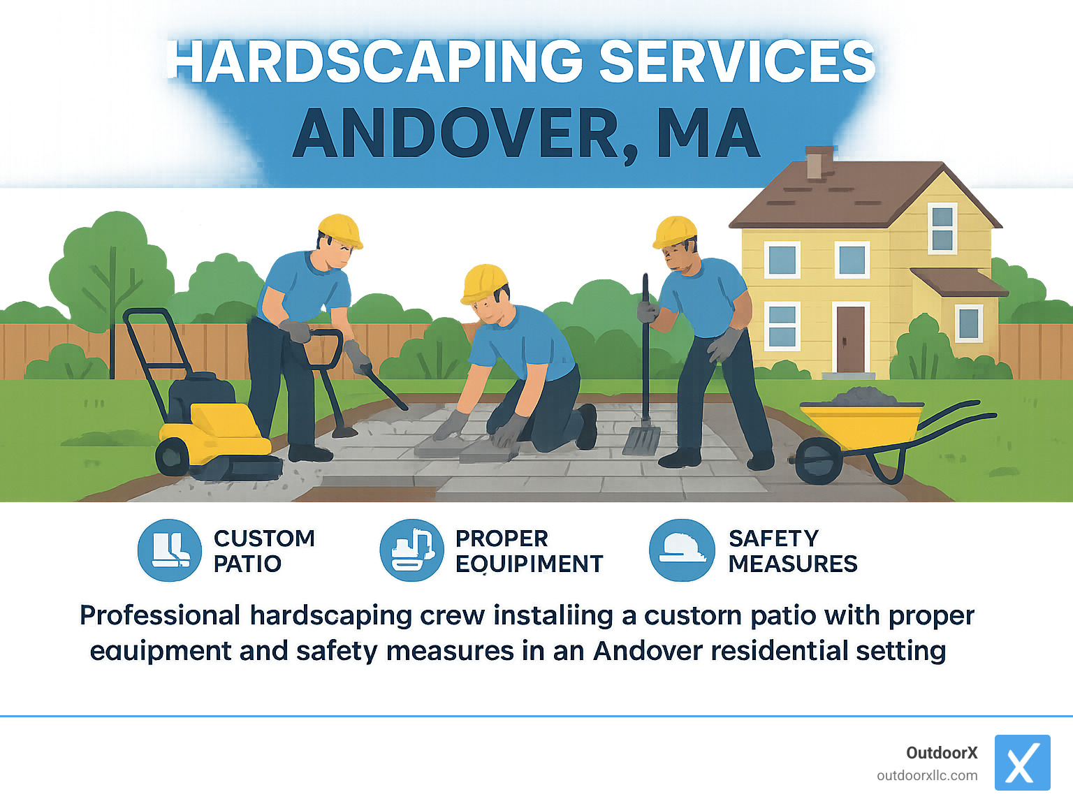 Professional hardscaping crew installing a custom patio with proper equipment and safety measures in an Andover residential setting - Hardscaping Services Andover MA infographic