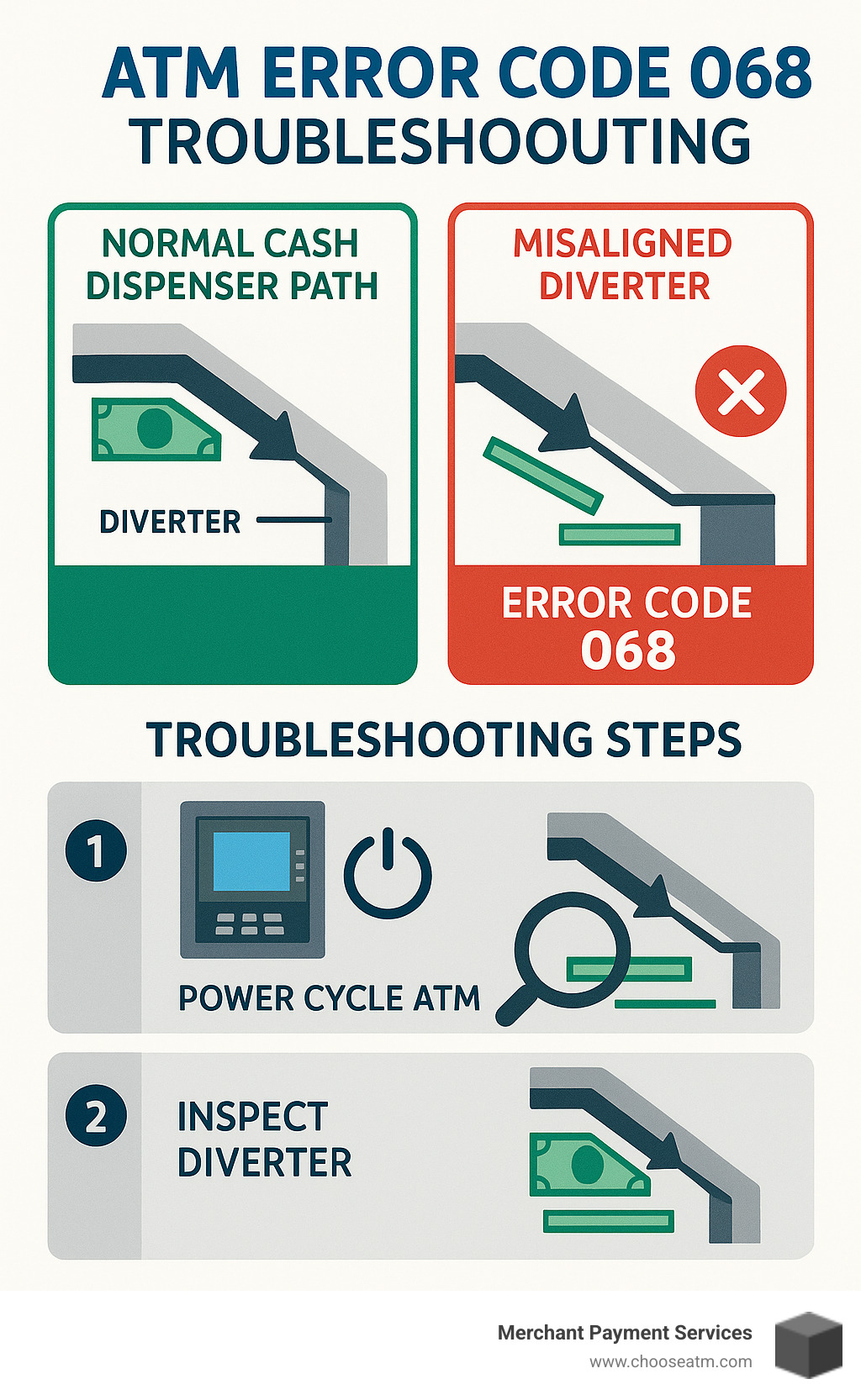 Detailed infographic showing ATM error code 068 troubleshooting workflow: normal cash dispenser path with properly positioned diverter versus misaligned diverter causing error 068, including step-by-step visual guide for power cycle reset and basic inspection procedures - ATM error code 068 infographic 