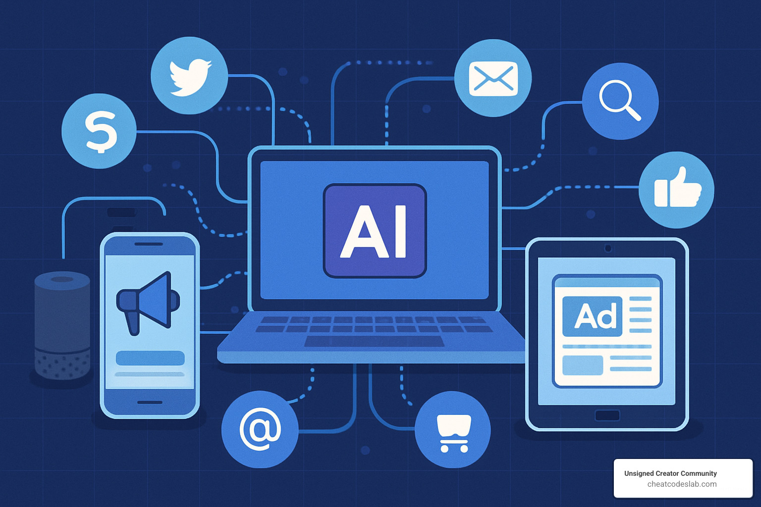 Omnichannel AI advertising ecosystem showing connected devices and platforms - artificial intelligence advertising