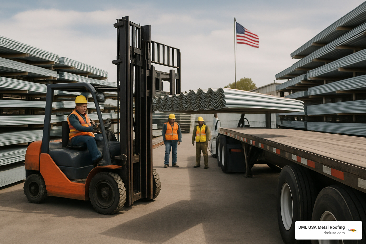 forklift loading metal roofing panels - corrugated metal roofing suppliers near me