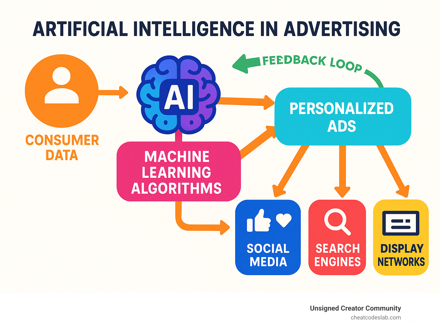 Comprehensive workflow showing how AI processes consumer data through machine learning algorithms to deliver personalized ads across multiple channels including social media, search engines, and display networks, with feedback loops for continuous optimization - artificial intelligence advertising infographic 