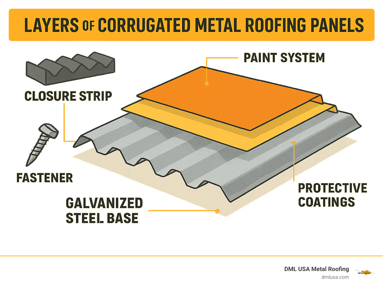 Detailed infographic showing the layers of corrugated metal roofing panels including galvanized steel base, protective coatings, paint systems, and installation accessories like closure strips and fasteners - corrugated metal roofing suppliers near me infographic 