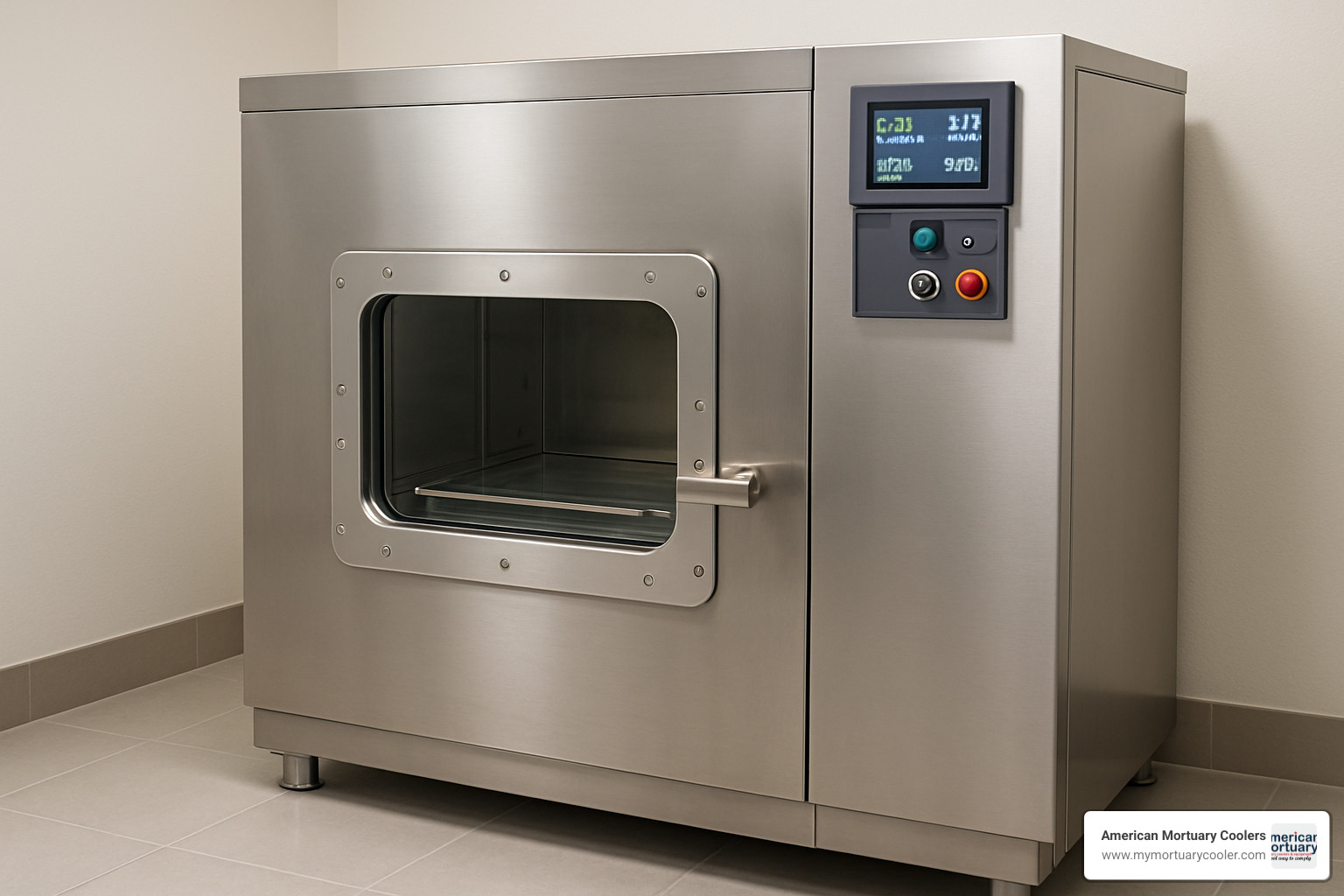stainless steel water cremation unit with control panel and viewing window - is water cremation better