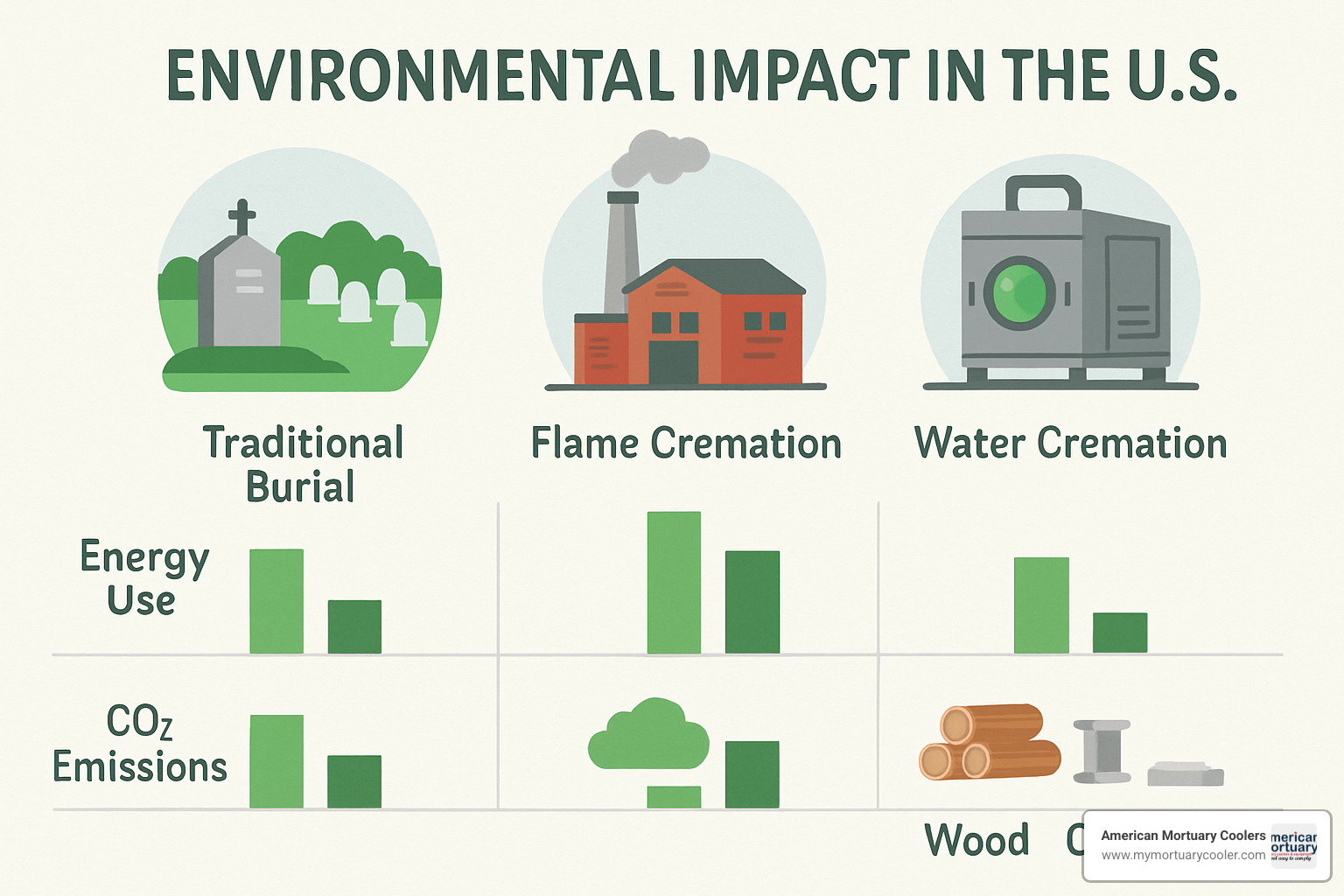 Environmental impact comparison chart showing energy use, CO2 emissions, and resource consumption for burial, flame cremation, and water cremation - is water cremation better