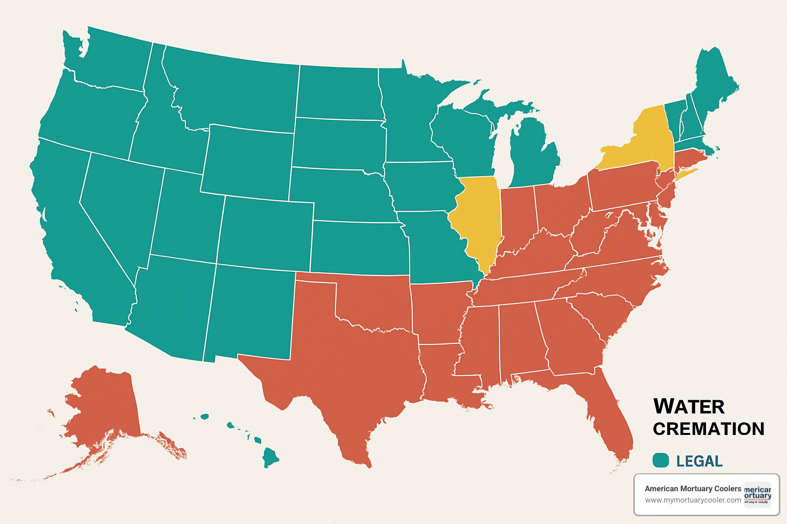 U.S. map showing states where water cremation is legal, pending, or prohibited - is water cremation better